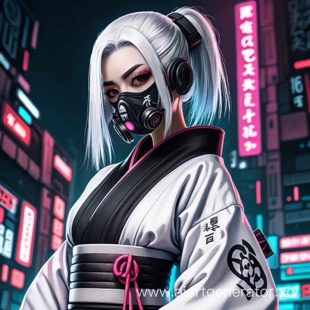 girl katana in a respirator cyberpunk kimono is black, white hair