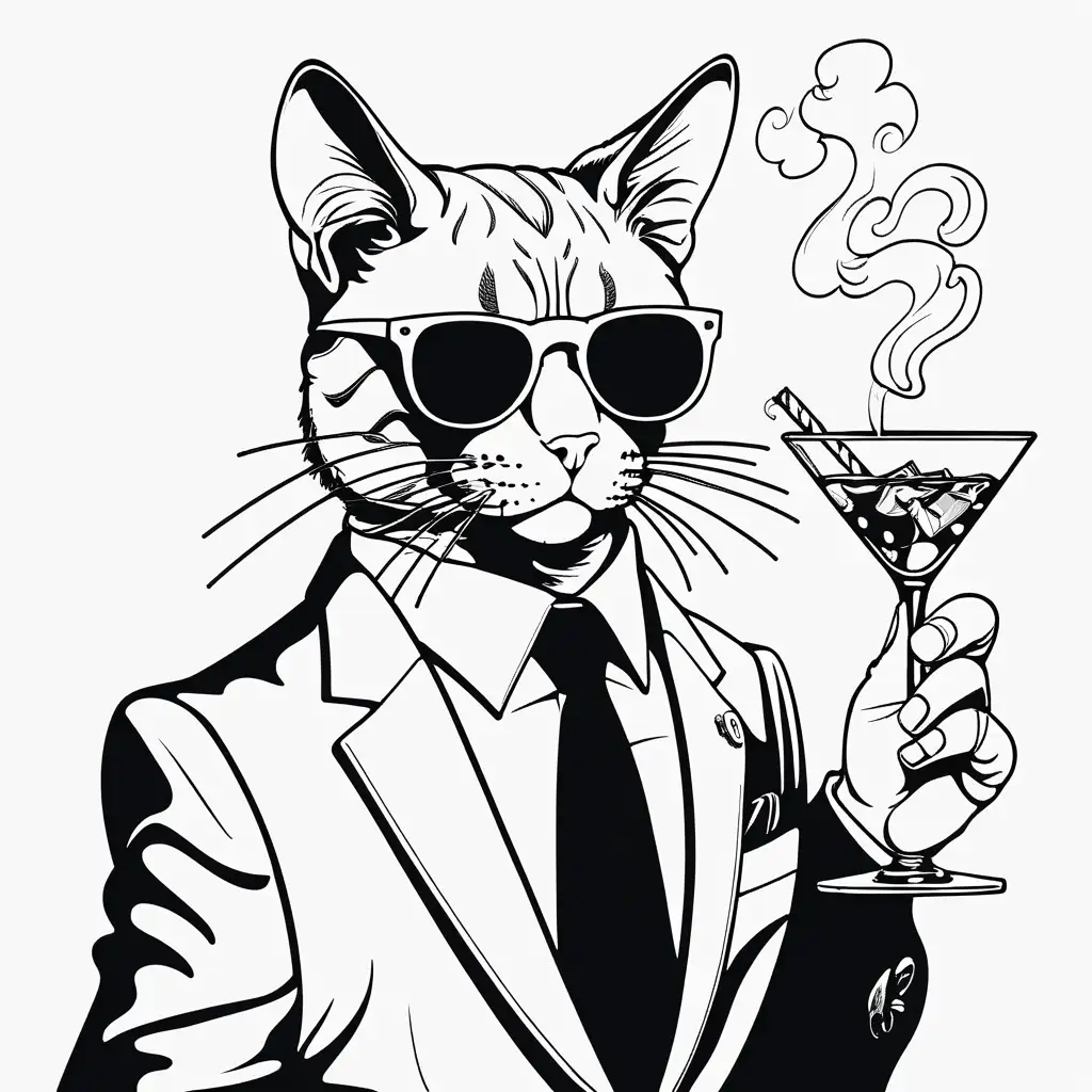 line art black and white cat with suit and sunglasses smoking a cigarette and holding a martini glass