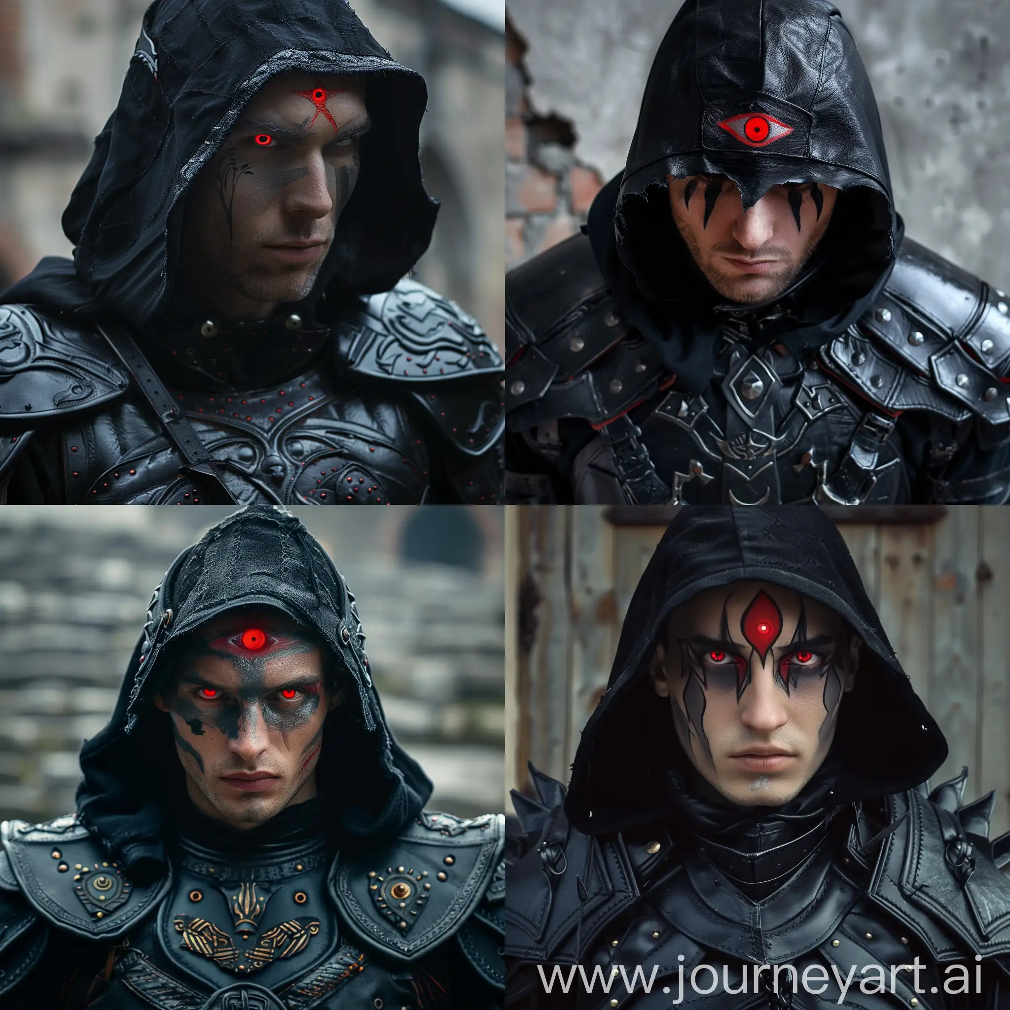 The guy with the red eye painted on his forehead, black leather armor with painted red eyes, black hood
