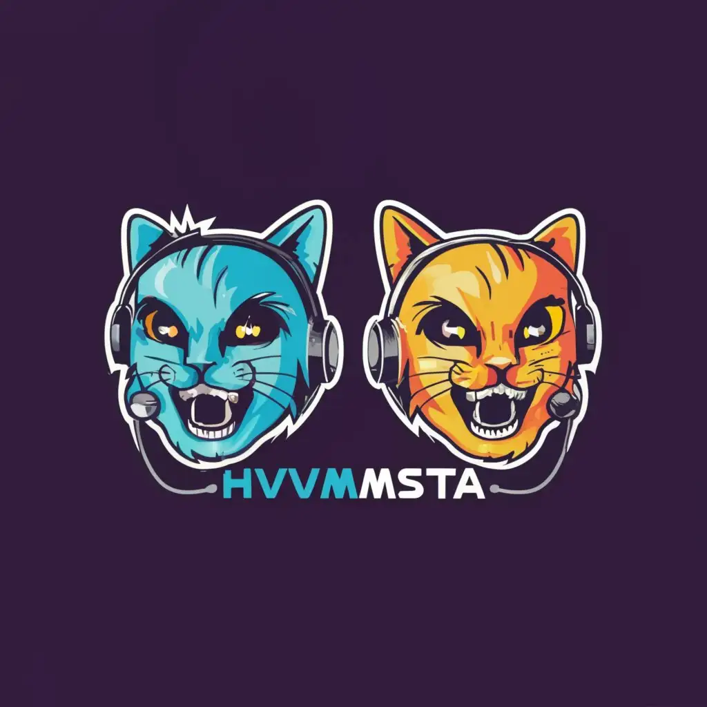 a logo design,with the text "H V V M staz & bujti", main symbol:2 gaming laughing cats with gamer microphone asymetric headsets,complex,be used in Internet industry,clear background