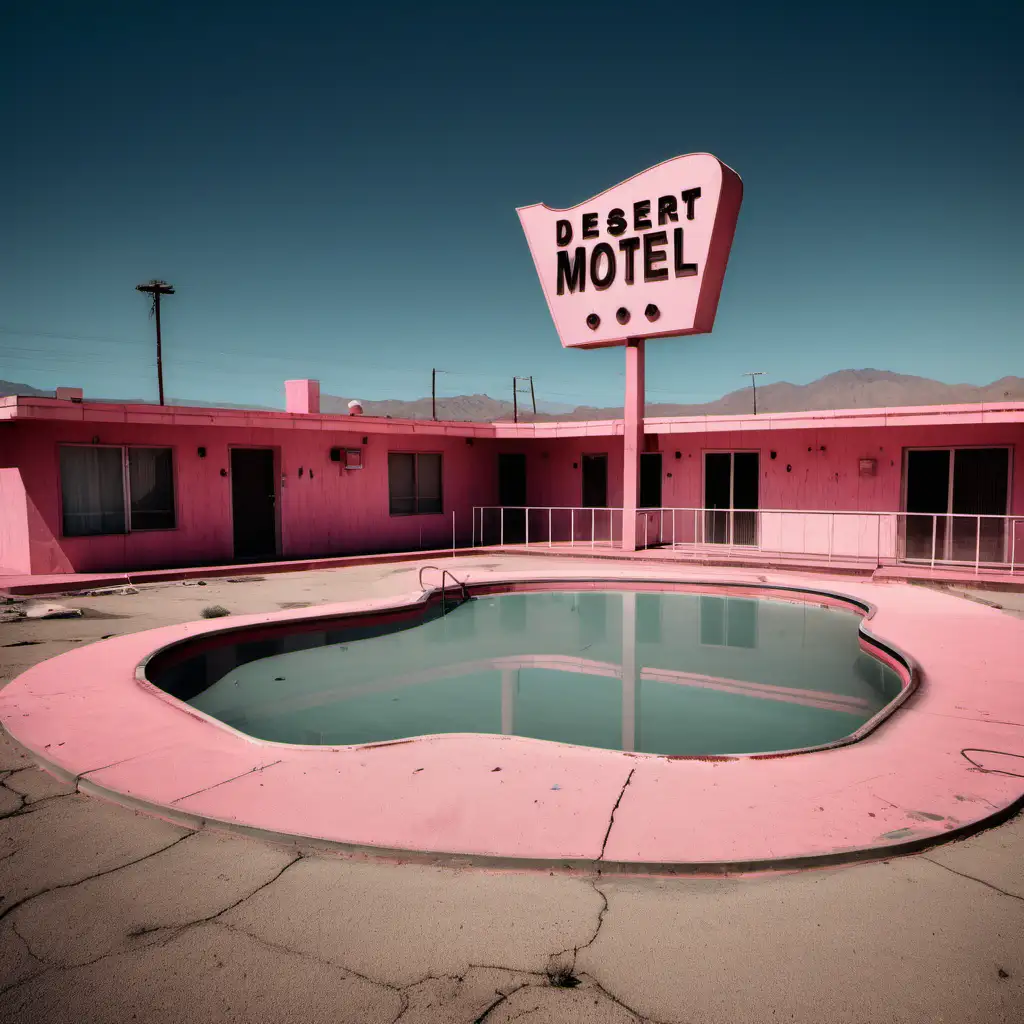 abandon 70's style desert motel, pink free shape pool.  empty pool pink.  Motel sign. 