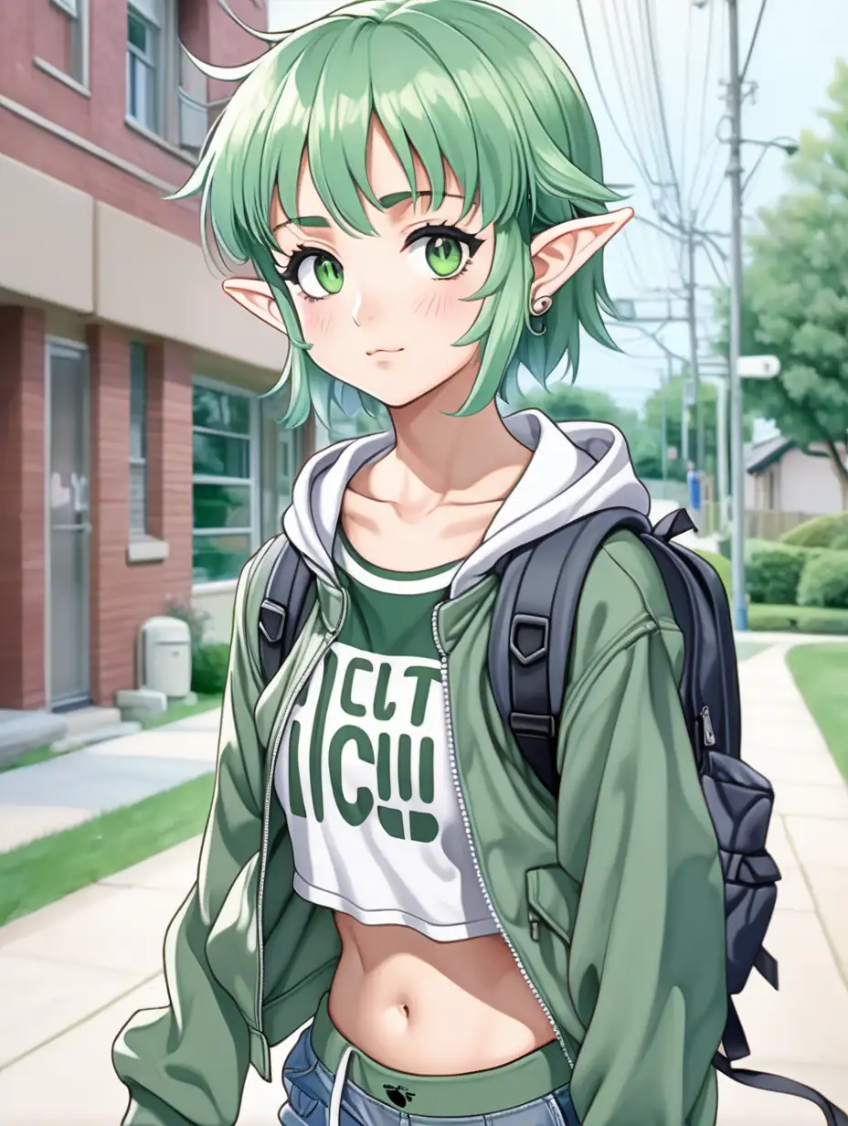 cute lofi anime elf girl, jacket, exposed muscular midriff, short chin length green hair, walking home from school, backpack, 90s anime style