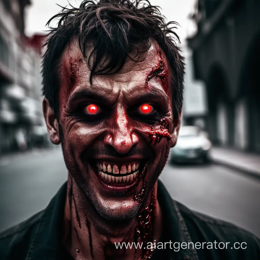 страшный человек с красными глазами улыбается на улице с окровавленными зубами