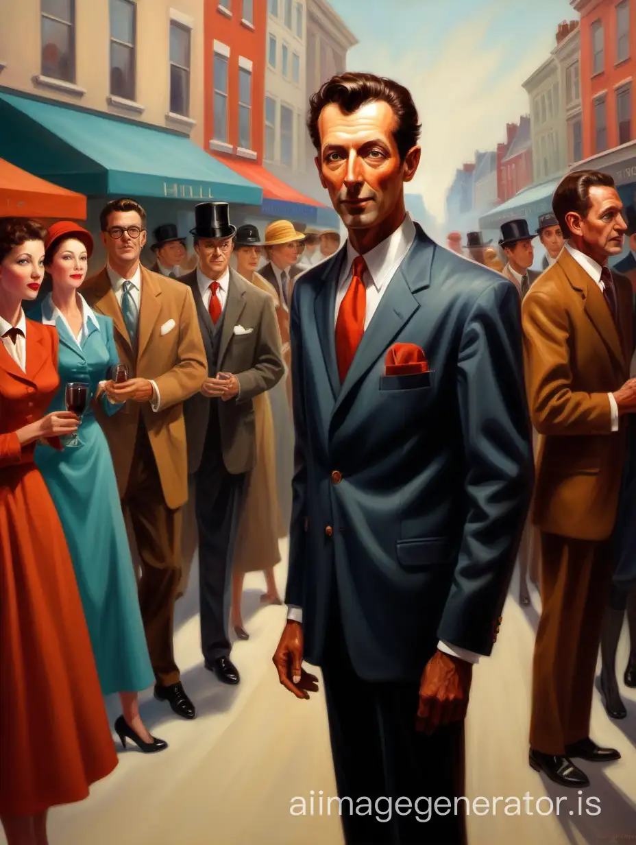 The man is looking at people, he is an extrovert in the style of Janet Hill.