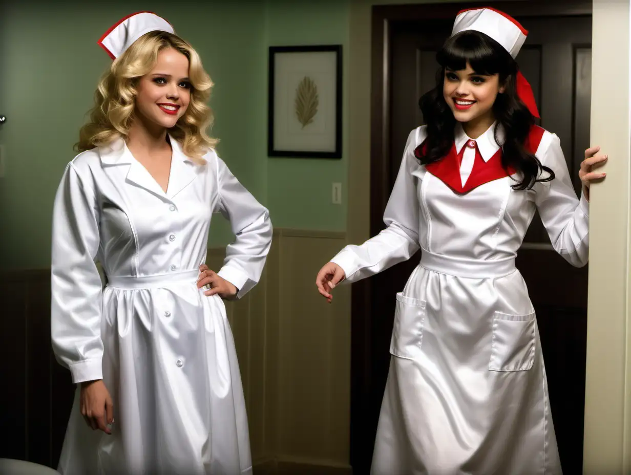 Elegant Retro Nurse Gown Scene with Smiling Celebrities in a Clean Bathroom