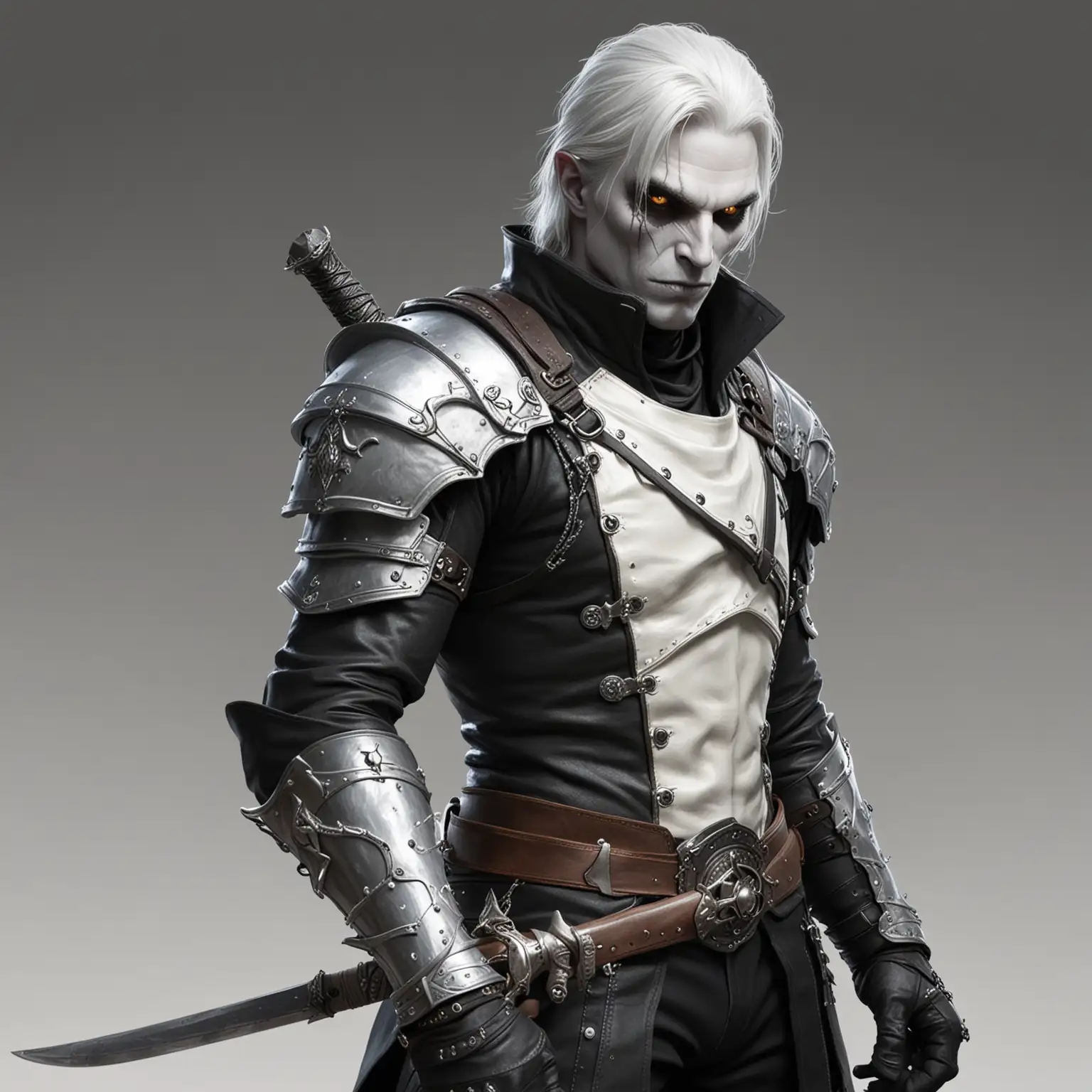 A pale ghoul-like fantasy rogue with a rapier. Character sketch. His skin is pale white and he has dark rings aroundr his eyes. He wears black leather armor.  He has a handsome face.

