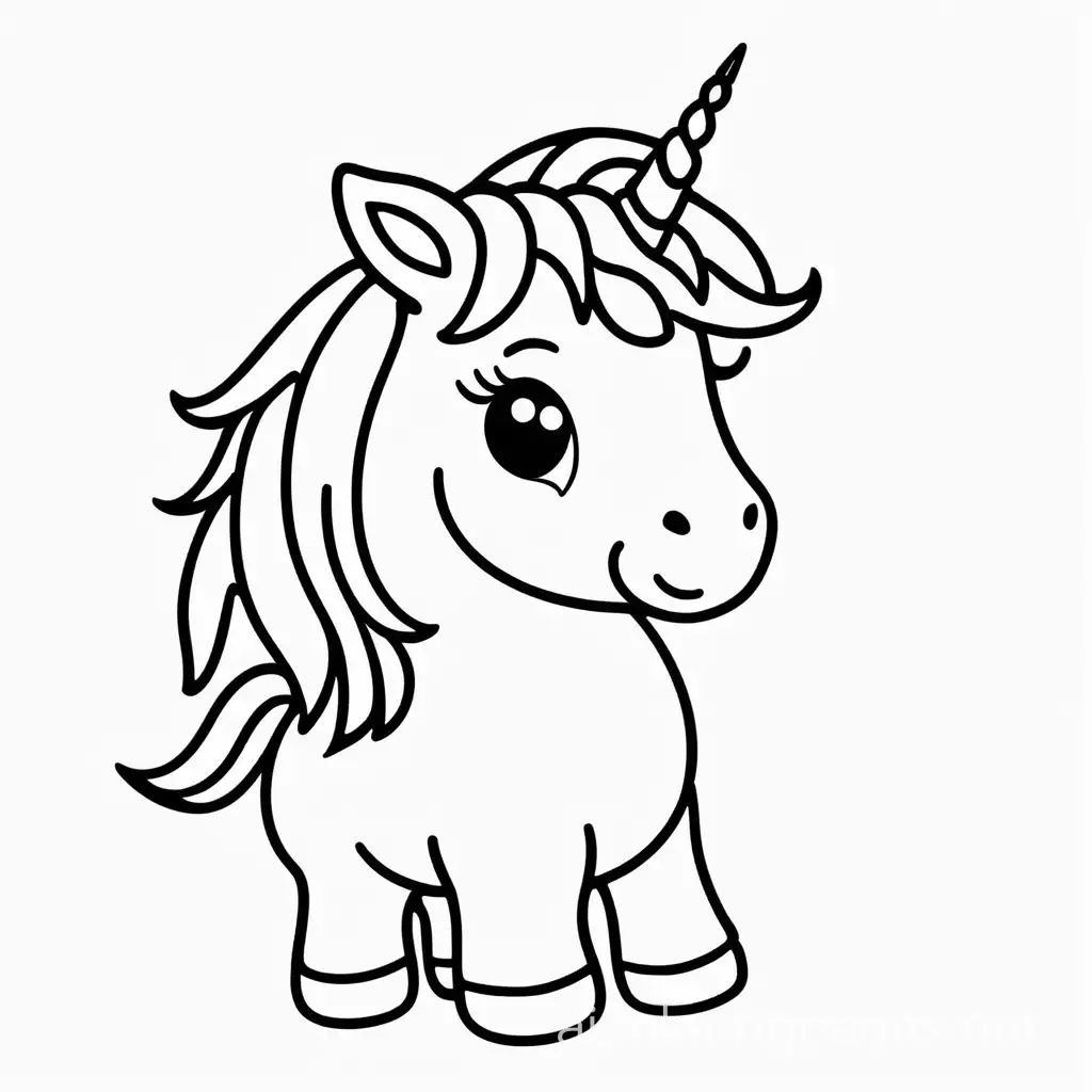 Baby Unicorn bold line no background, Coloring Page, black and white, line art, white background, Simplicity, Ample White Space. The background of the coloring page is plain white to make it easy for young children to color within the lines. The outlines of all the subjects are easy to distinguish, making it simple for kids to color without too much difficulty