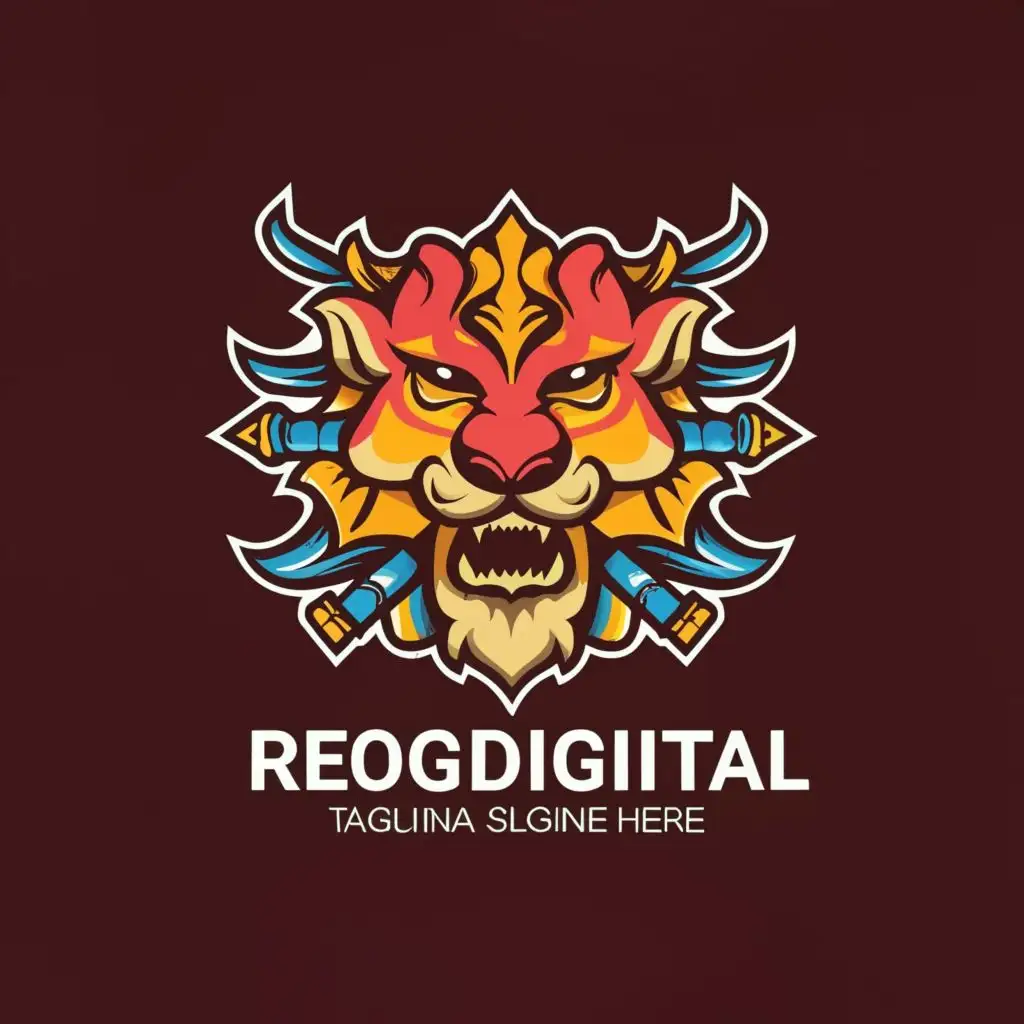 logo, an image of the Reog Ponorogo logo with digital tools ornaments, with the text "ReogDigital", typography, be used in Technology industry