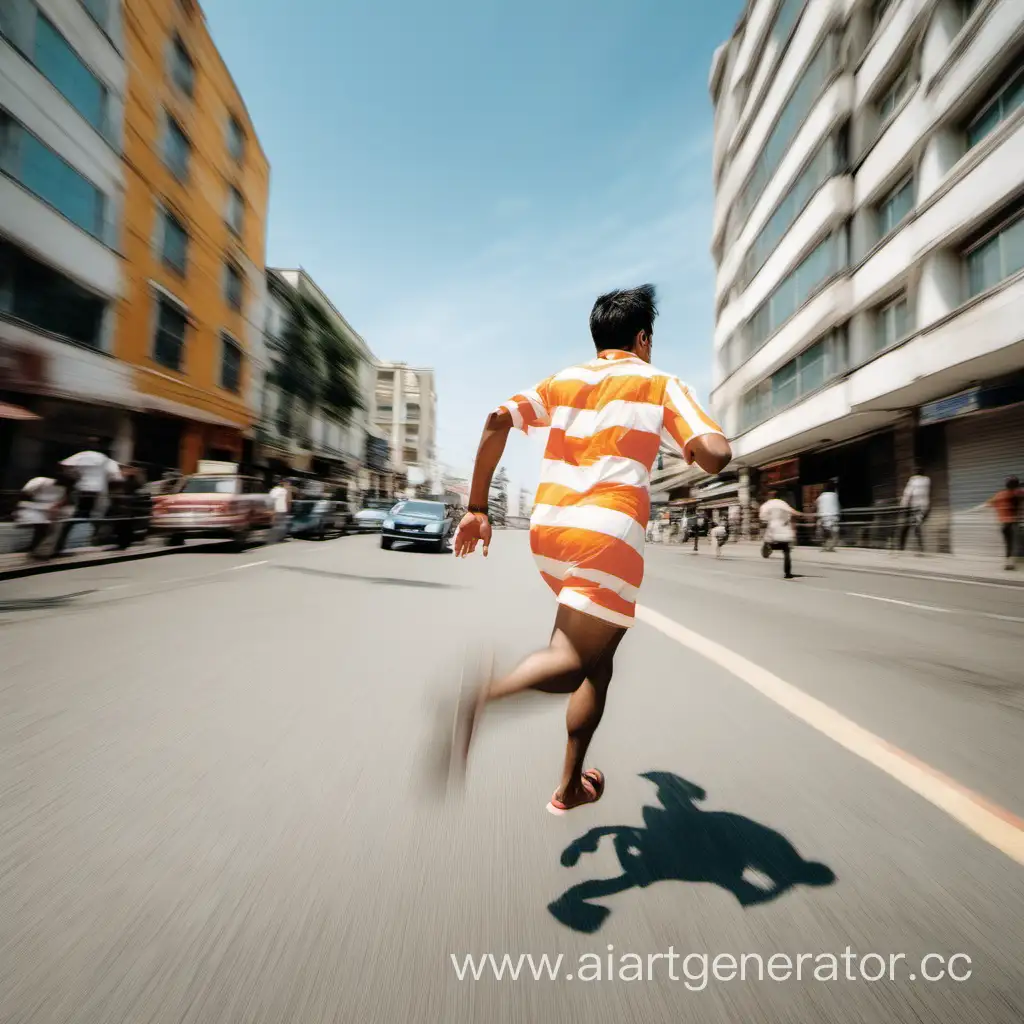 A man wearing orange white stripe dress running in the street with blue sky