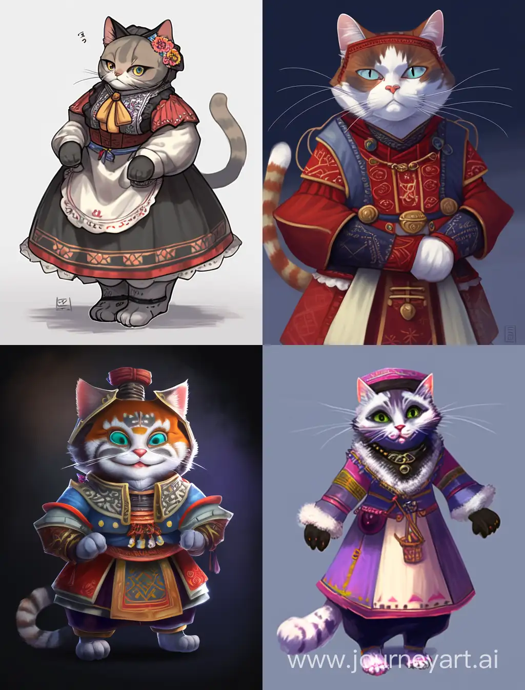 a cat in an old Russian costume with a contented muzzle of a cartoon appearance , 2D in full growth is not realistic