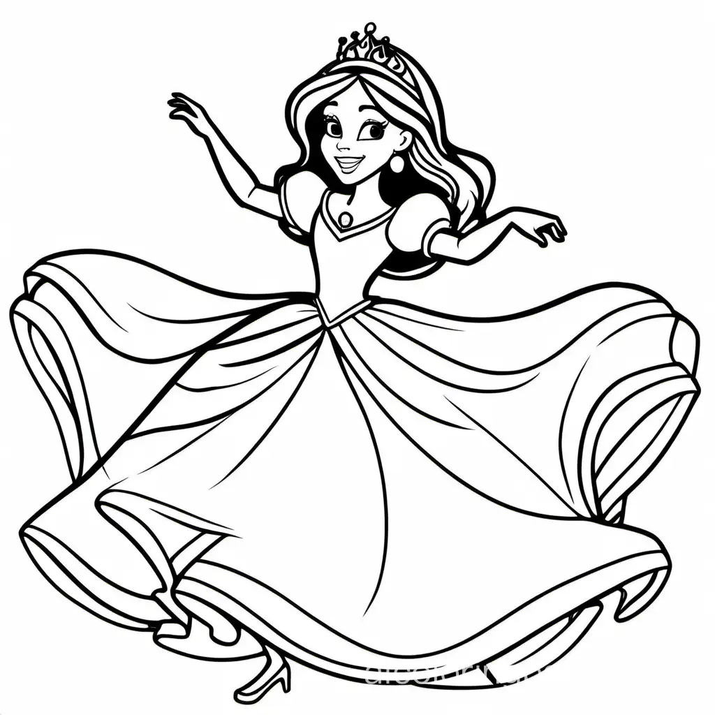 Generate me an image of a princess dancing.full picture , Coloring Page, black and white, line art, white background, Simplicity, Ample White Space. The background of the coloring page is plain white to make it easy for young children to color within the lines. The outlines of all the subjects are easy to distinguish, making it simple for kids to color without too much difficulty