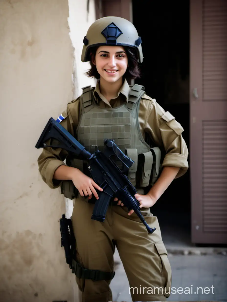 Israeli girl soldier, in an Israeli military uniform, in a helmet, in body armor, Jewish appearance, dark short hair, brown eyes, smiling, standing at full height against the background of a one-story building
