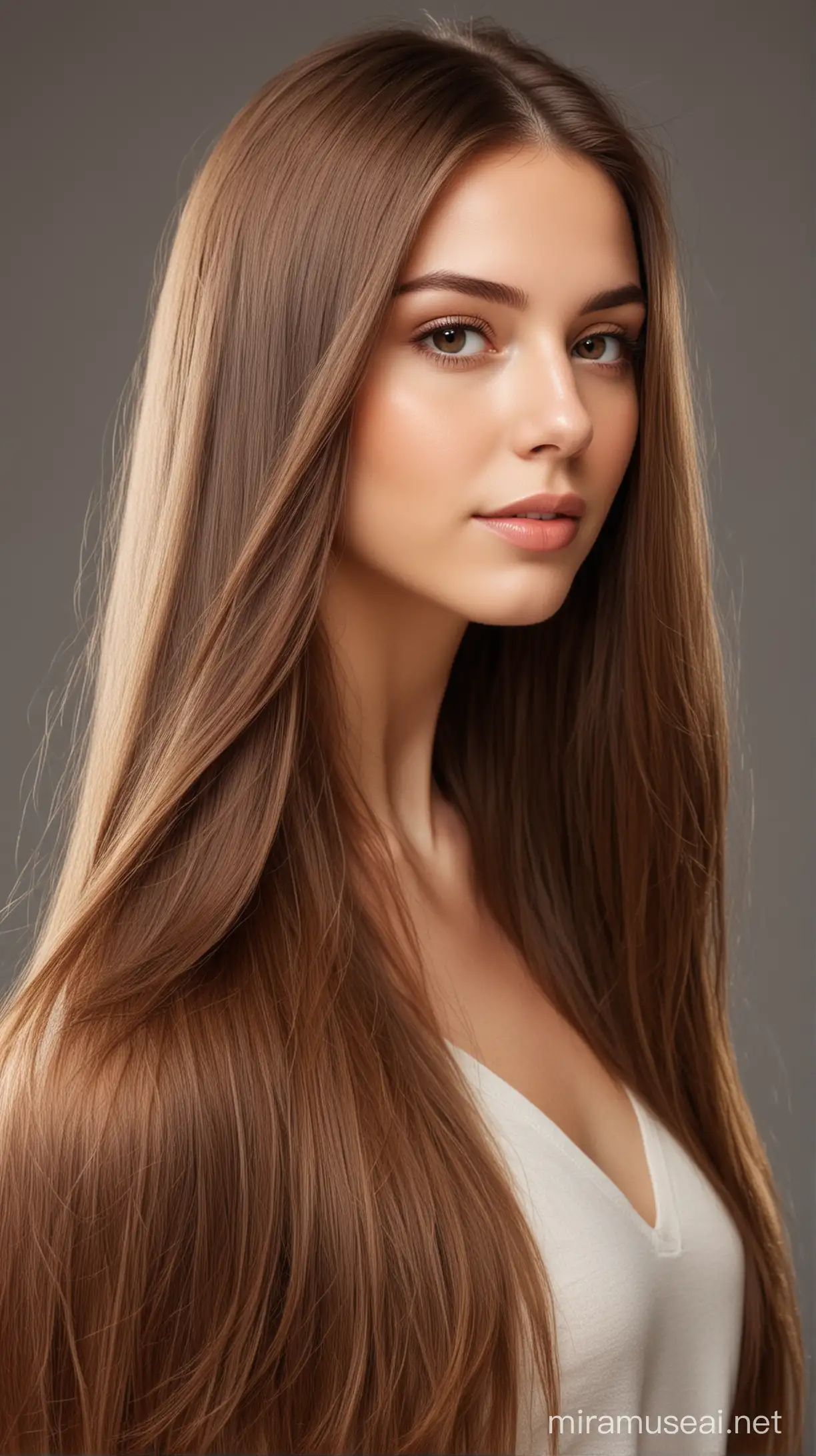 A woman with long, brown, very straight and soft hair
full picture, full body