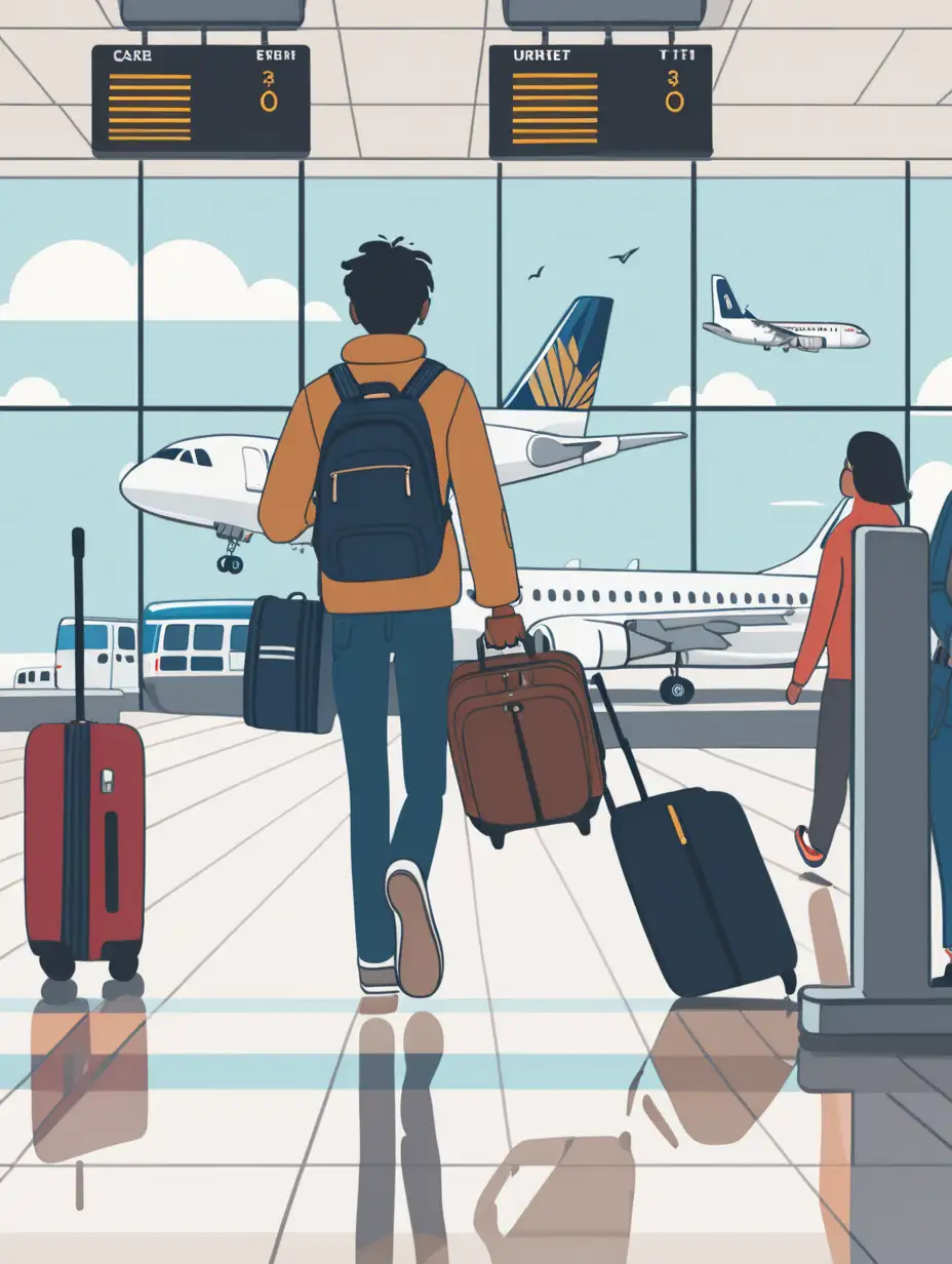 焦虑的留学生在机场拖着行李赶飞机