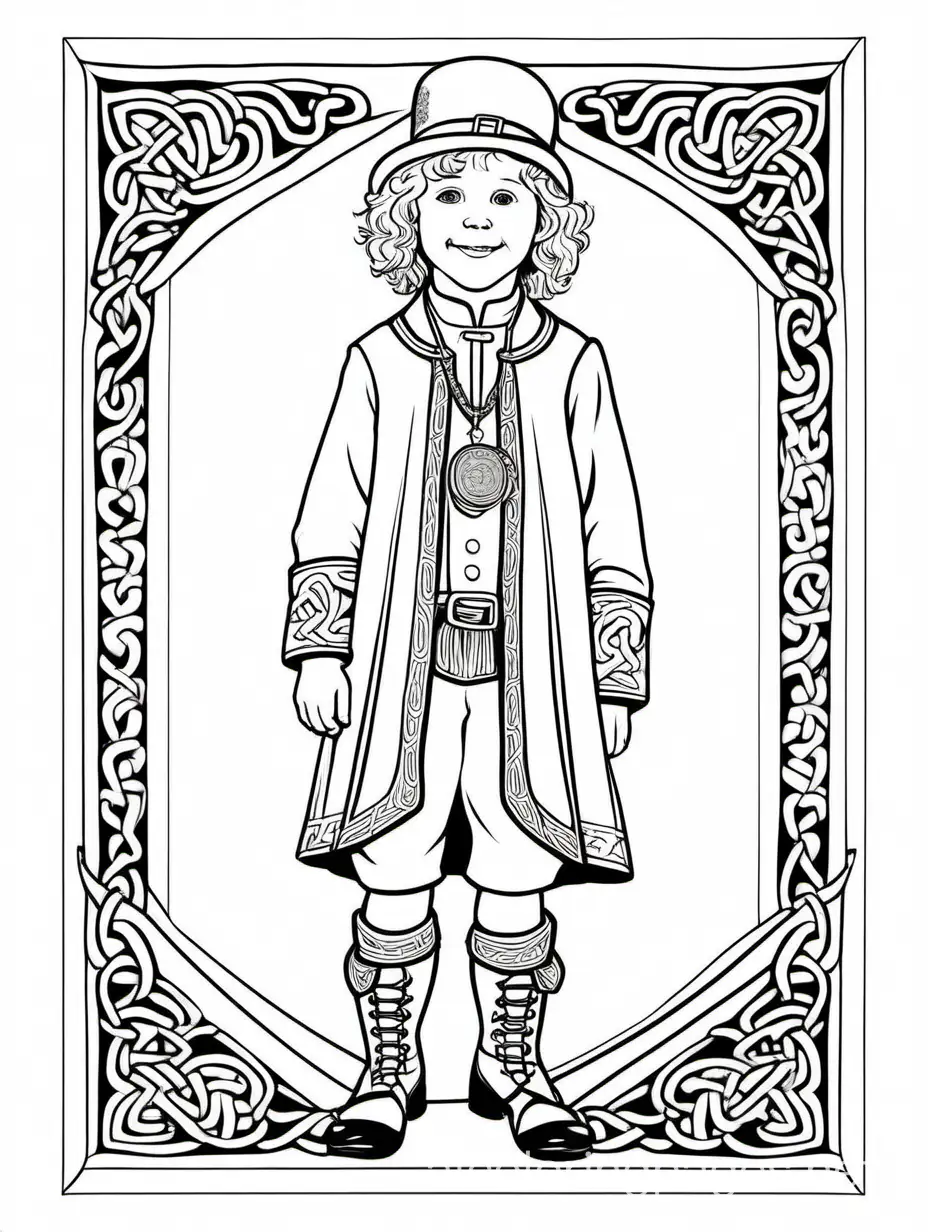 Traditional Irish attire for kids, Coloring Page, black and white, line art, white background, Simplicity, Ample White Space. The background of the coloring page is plain white to make it easy for young children to color within the lines. The outlines of all the subjects are easy to distinguish, making it simple for kids to color without too much difficulty