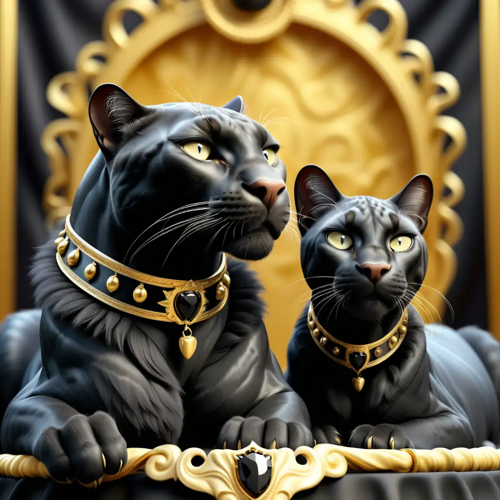 A black, Solid black fur , Majestic, Female and Male, Panther, cat, with a gold collar,  luxury scene, Luxury, gold background 