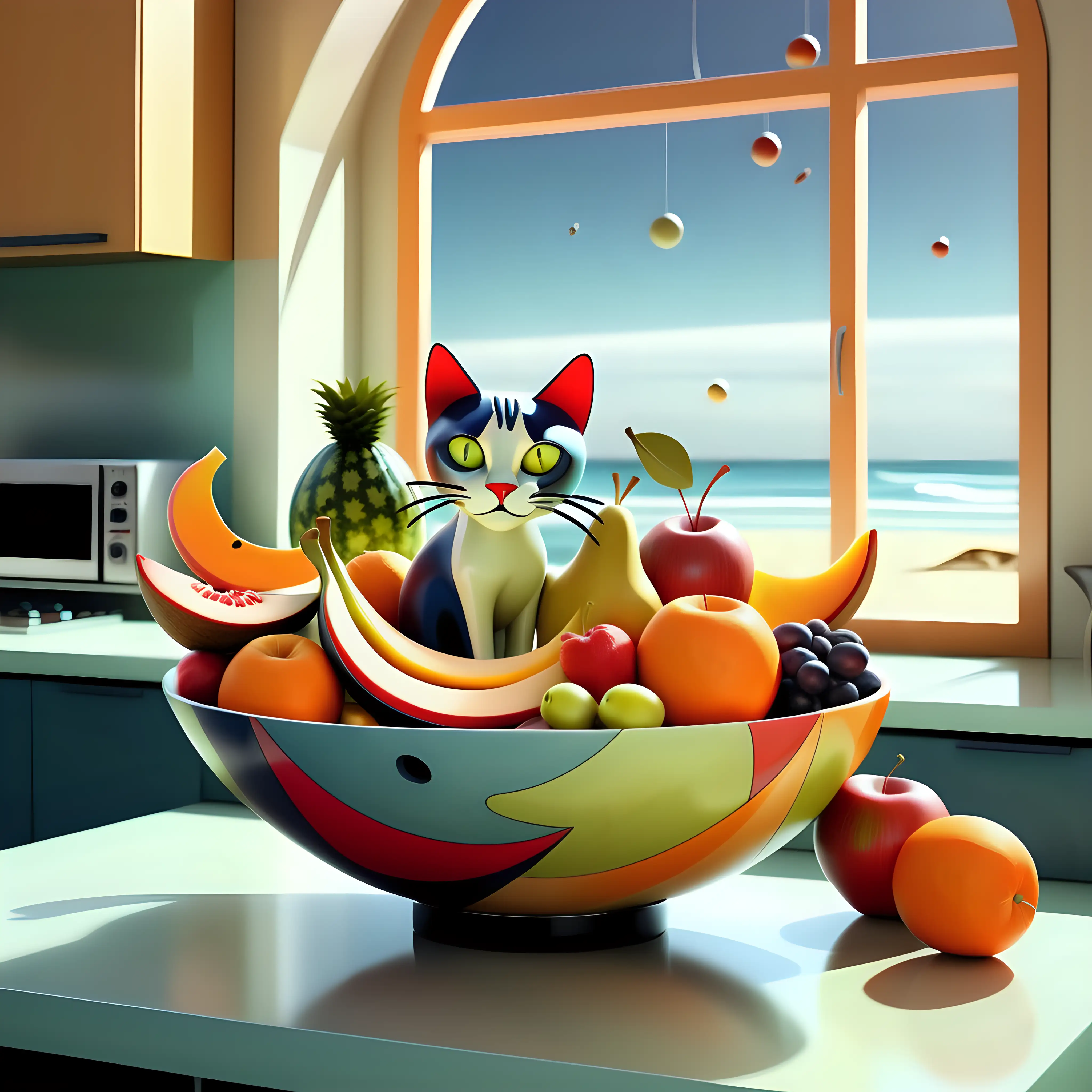 create an image of an abstract, surrealistic bowl of fruit, which is on a table in an abstract kitchen. In the kitchen space age looking cats are playing and an open window looks out onto a beach
