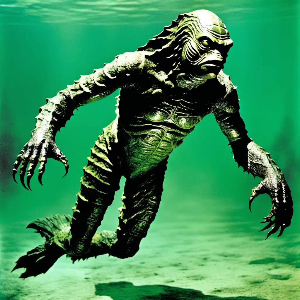 creature from the black lagoon, swimming underwater, side view, in color, full body