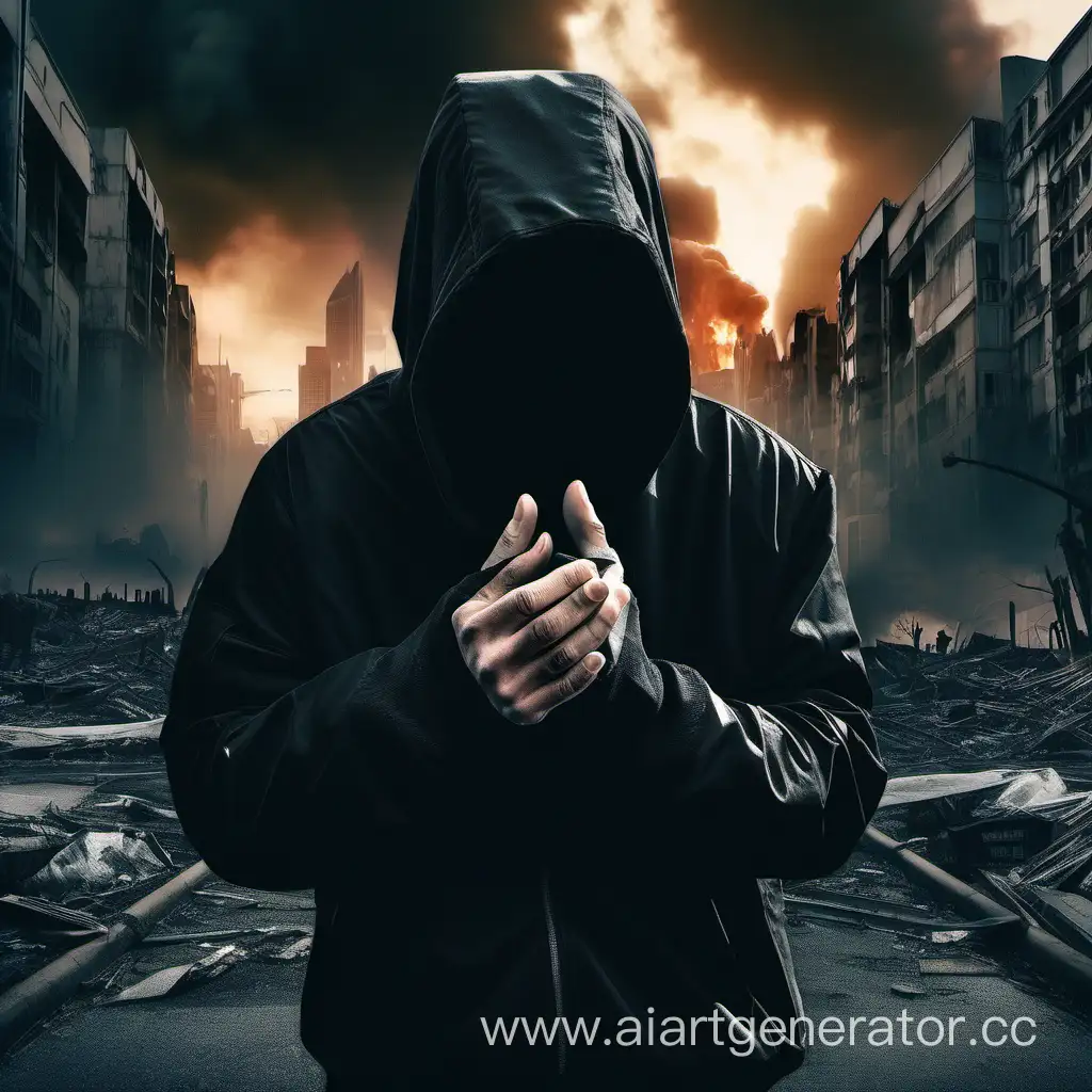 Человек в капюшоне закрывает лицо рукой крупным планом на фоне апокалипсиса