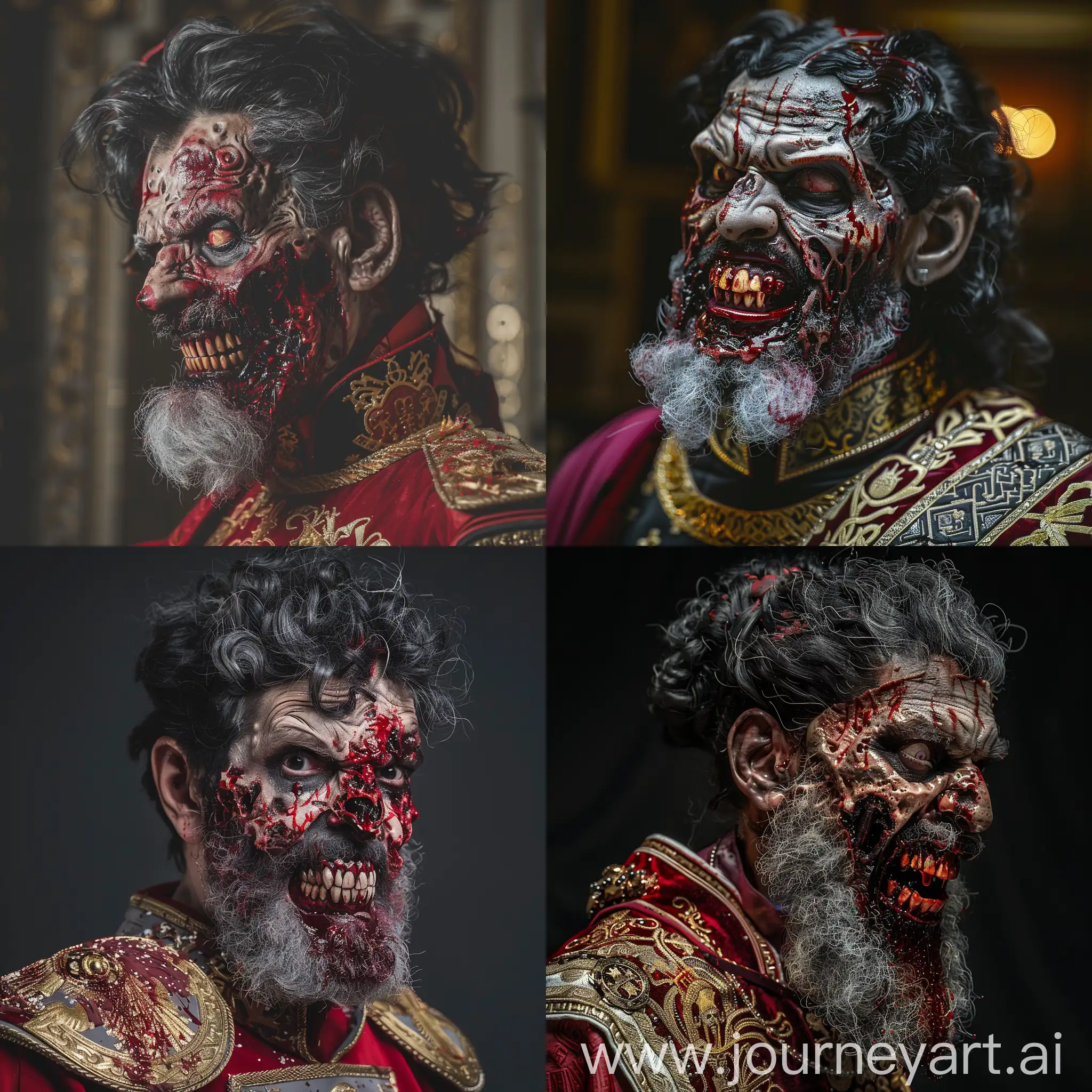 Zombie Emperor with Byzantine imperial attire, blood on face and hair, foul-looking teeth with half-missing head, black hair, grey beard. Cinematic appearance with make-up resembling a Zombie movie character.