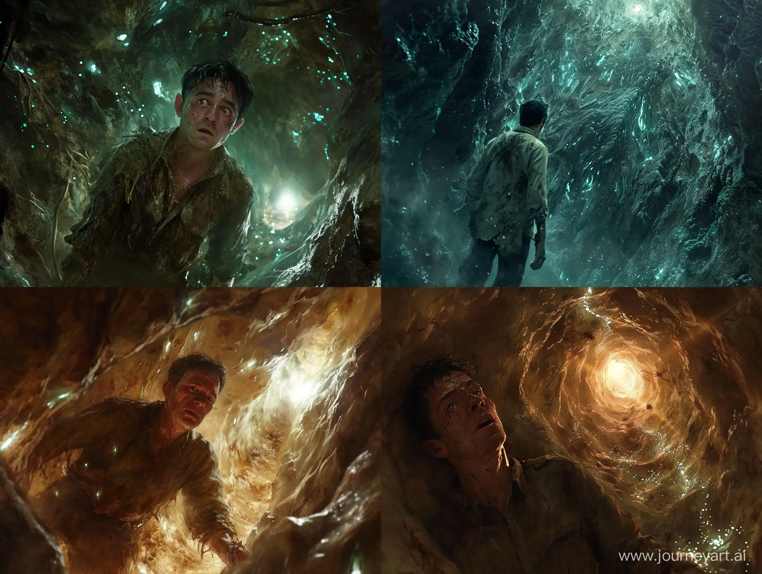 A harrowing scene of a man lost in a labyrinthine network of caves, his features etched with fear and desperation. The dimly lit passages stretch out in all directions, creating a disorienting sense of confinement and isolation. The walls are adorned with an eerie bioluminescent fungi, casting a sinister glow that only serves to heighten the man's sense of dread. His clothes are tattered and covered in dirt, a testament to his arduous journey through the caves. In the distance, a flickering light beckons, perhaps offering a glimmer of hope or a trap set by the unseen horrors that lurk within the shadows. The man's gaze darts nervously from side to side, his every muscle taut with anticipation, as he struggles to navigate the treacherous terrain. The image is eerily reminiscent of the world of The Callisto Protocol on PlayStation 5, where death and horror lurk around every corner, and the only hope for survival is to remain vigilant and find a way out of the endless caves.