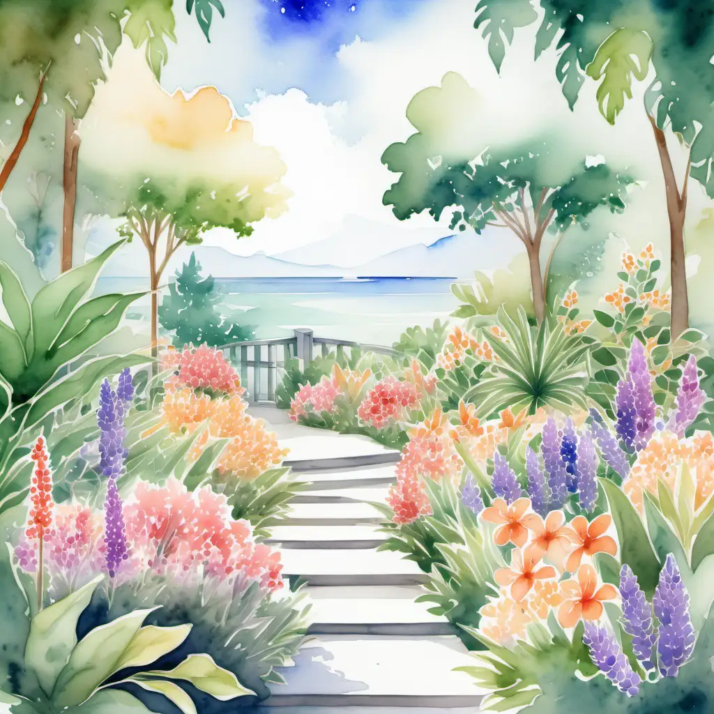 Tranquil Watercolor Landscape with Lush Flora and Flowers
