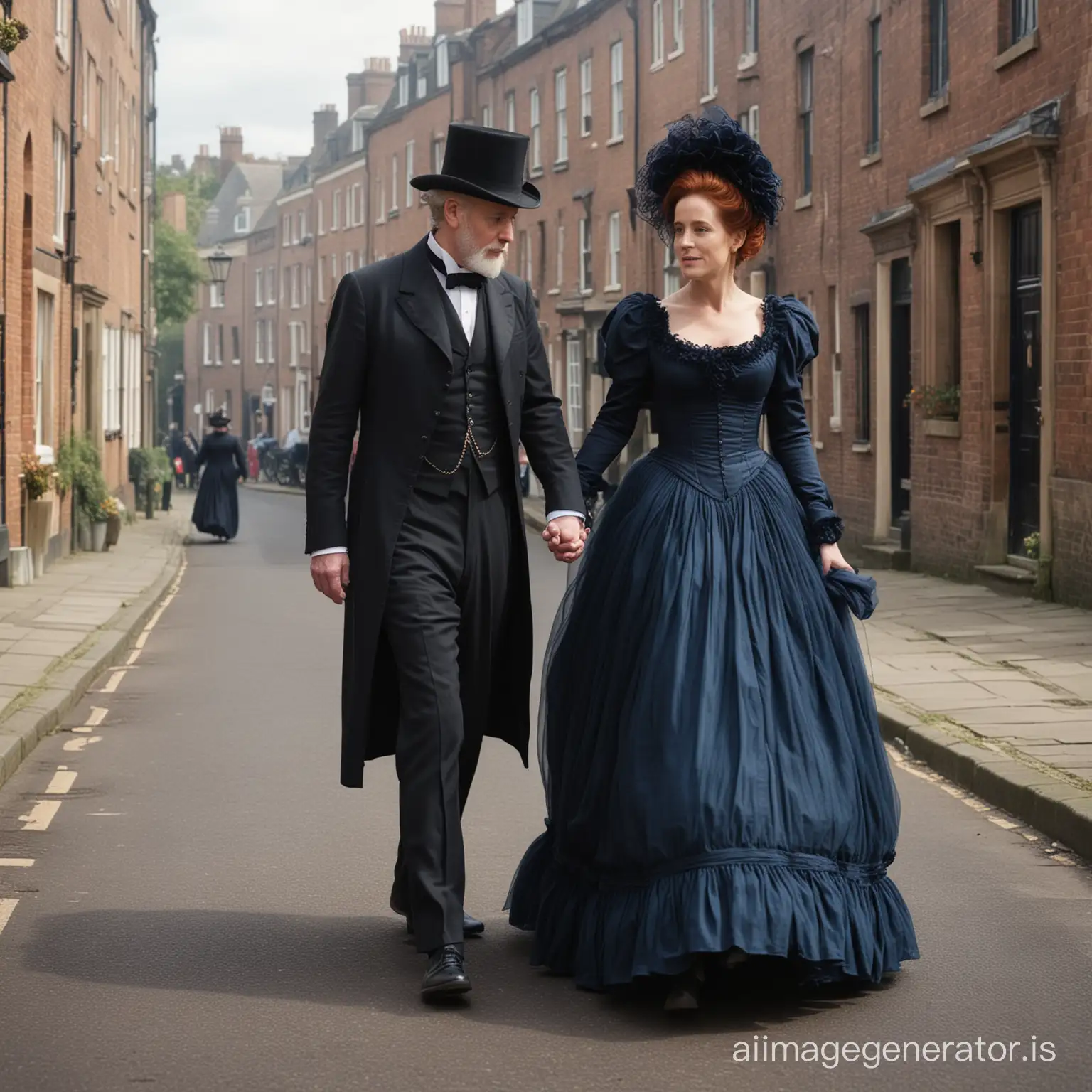 red hair Gillian Anderson wearing a dark blue floor-length loose billowing 1860 Victorian crinoline poofy dress with a frilly bonnet walking on a Victorian era street with an old man dressed into a black Victorian suit who seems to be her newlywed husband