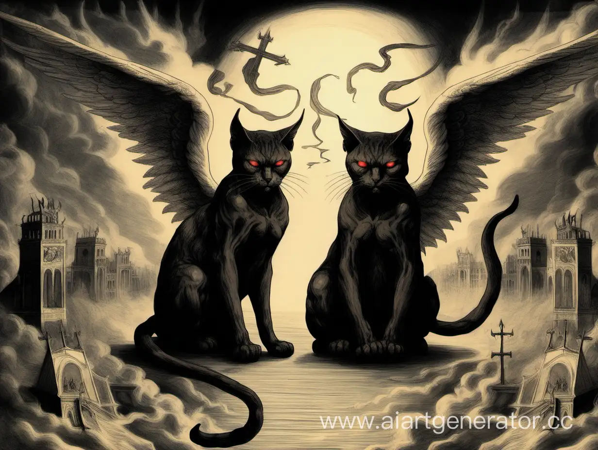 Два кота ангел и демон, ад на фоне сатана