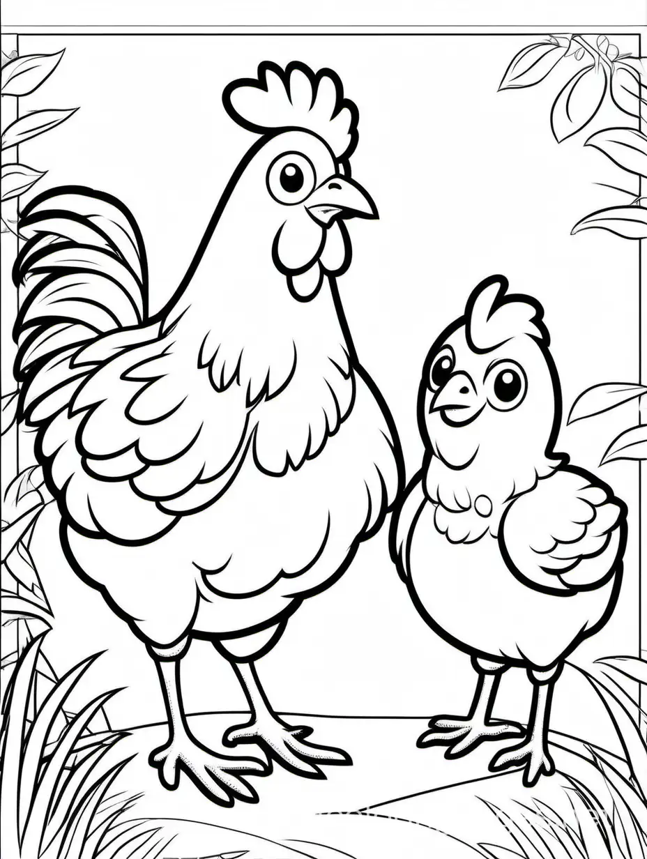 cute Chicken with his Chick for kids , Coloring Page, black and white, line art, white background, Simplicity, Ample White Space. The background of the coloring page is plain white to make it easy for young children to color within the lines. The outlines of all the subjects are easy to distinguish, making it simple for kids to color without too much difficulty