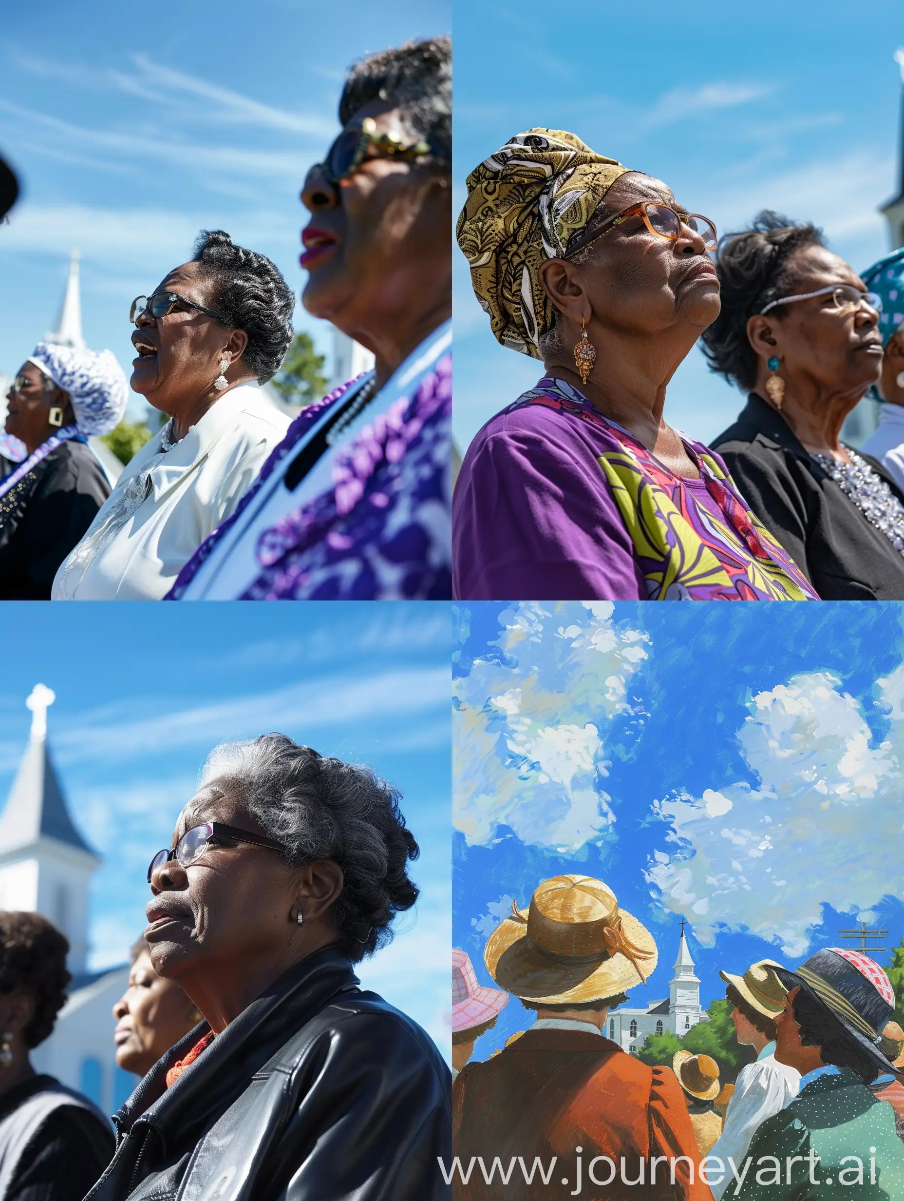 Methodist women preachers, with churches in the background and blue skies