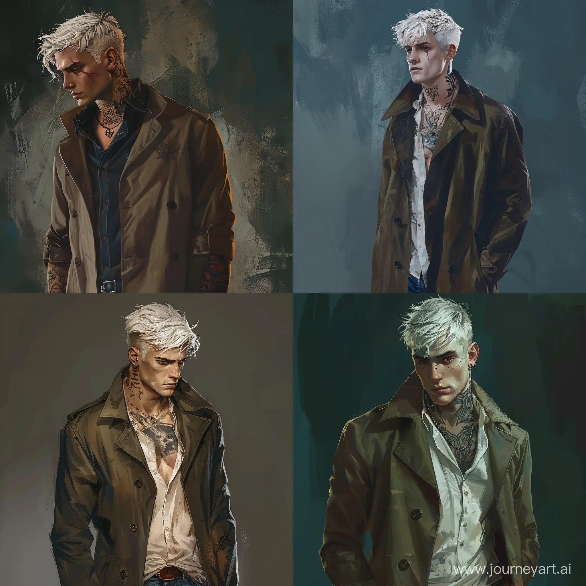 Handsome guy, Dean Winchester, white hair, dark brown eyes, white skin, young, teenager, 19 years old, fit, dangerous, neck tattoos, wearing a coat shirt and jeans, high quality, high detail, realistic art
