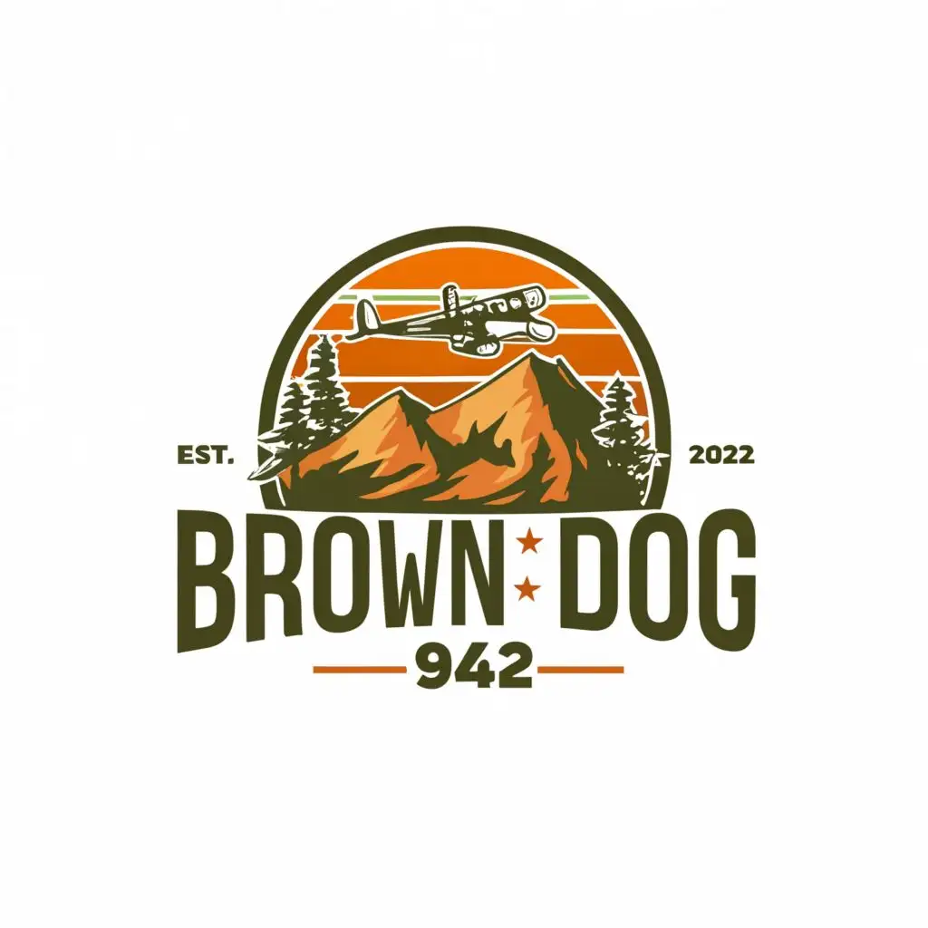 a logo design,with the text "BrownDog942", main symbol:mountains bushplane green brown mustard orange,Moderate,be used in Travel industry,clear background