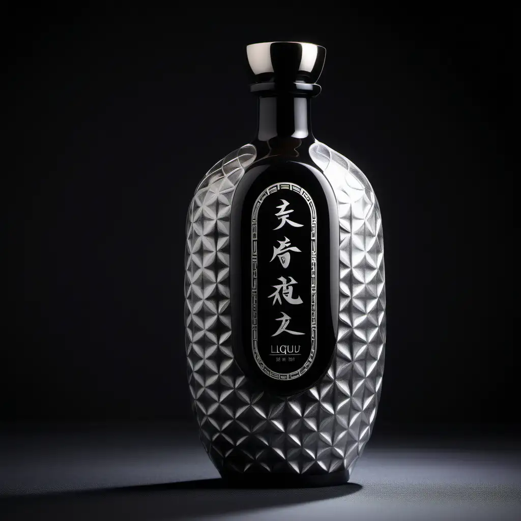 Chinese health and wellness liquor bottle design, high end liquor, stylish liquor bottle shape, 500 ml ceramic bottle,  brand name is 玖莼, photograph images, high details, abstract texture, black and silver color
