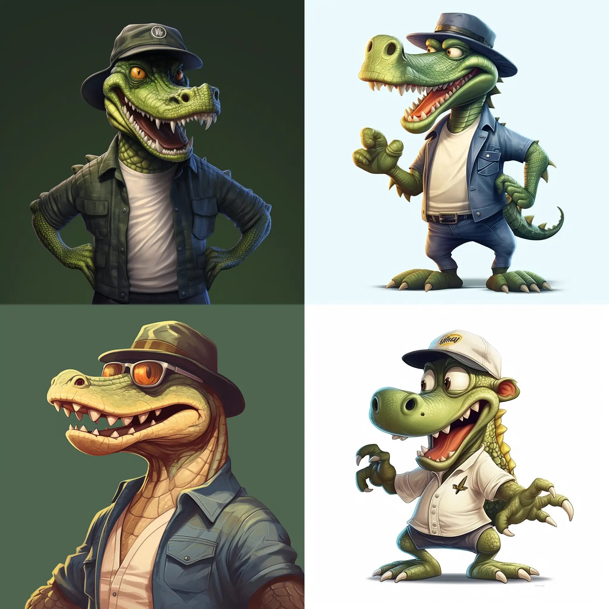 anthromorphic crocodile with a baseball cap, very suave and sleek, stylish and cool, charming and charismatic, in cartoon style