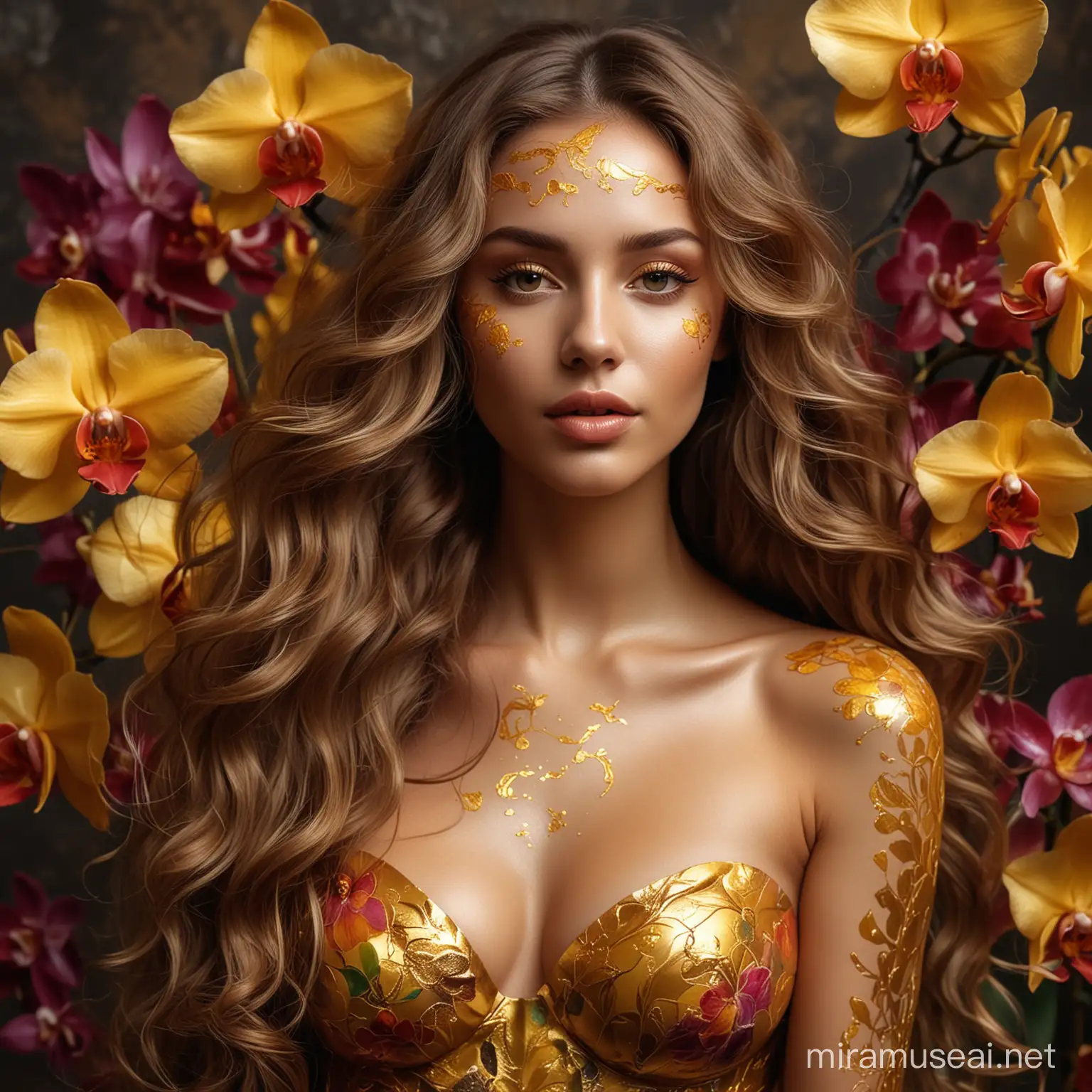 Bellissima ragazza con i capelli lunghissimi e mossi, ha il corpo dipinto interamente di oro....intorno a lei orchidee coloratissime