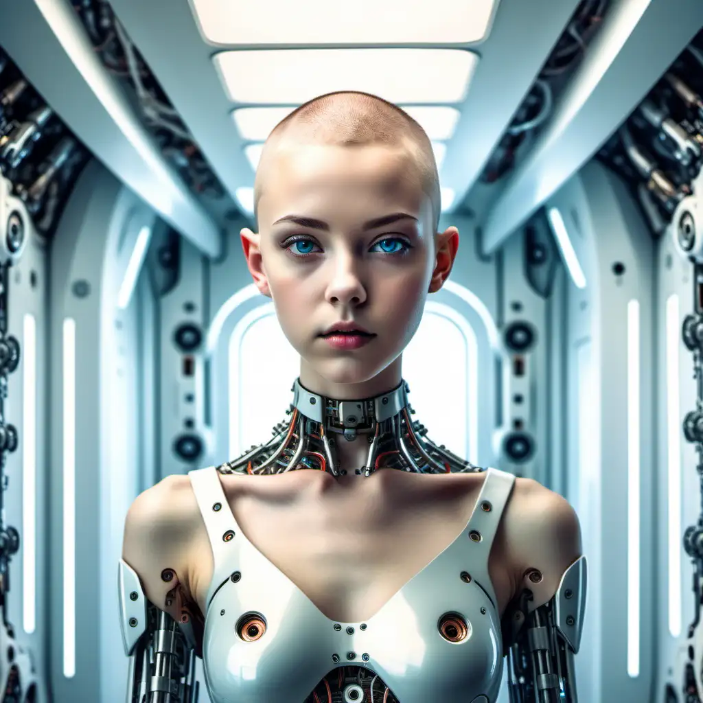 beautiful teenage girl with a shaved head. Her body is robotic and feminine. Her eyes are wide, she looks vulnerable.  she is in a brightly lit space age room. Make the whole image a book cover.

