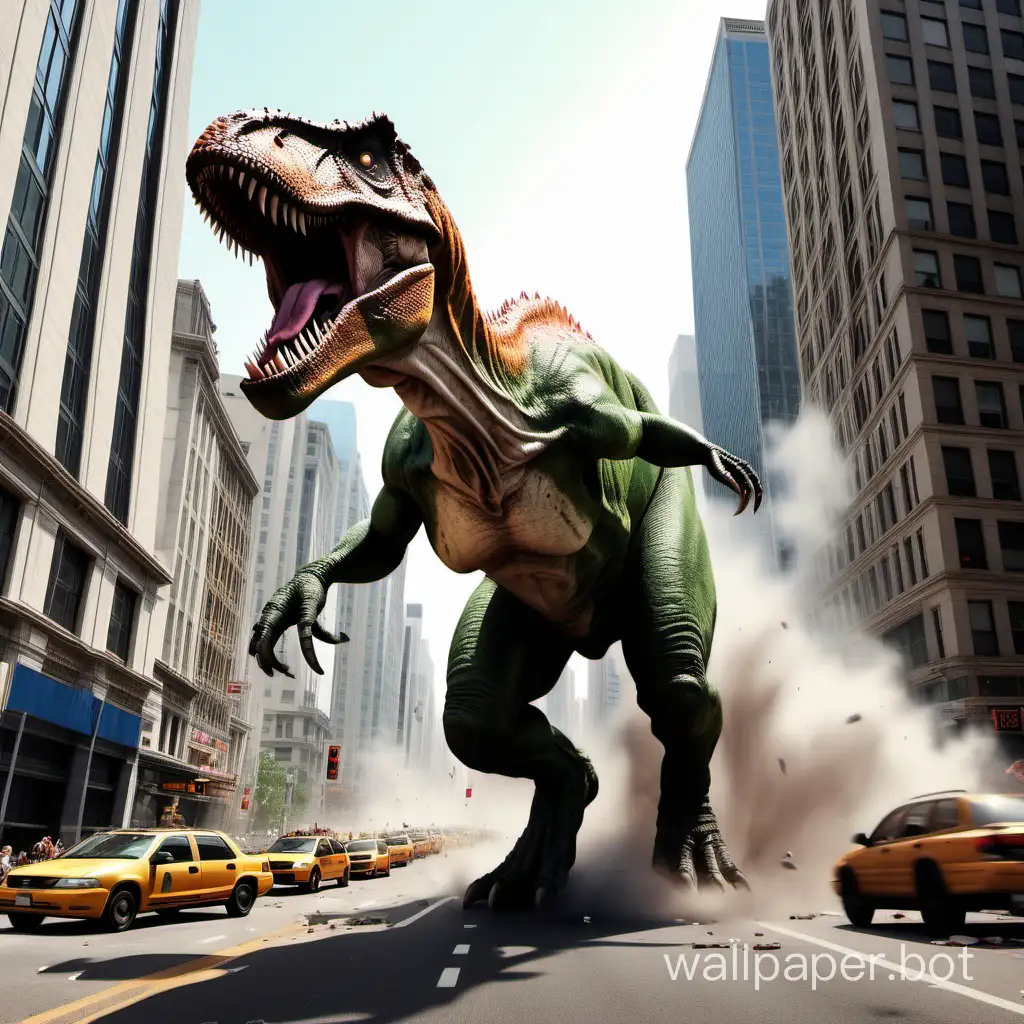 t-rex tearing through a busy city