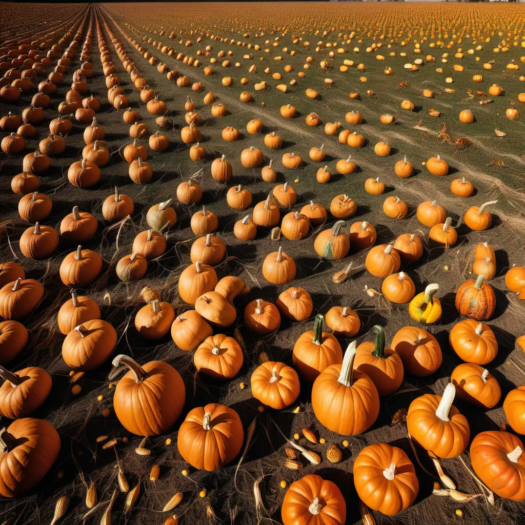An autumnal field of pumpkins, squash, and corn on a crisp, windy day with falling leaves