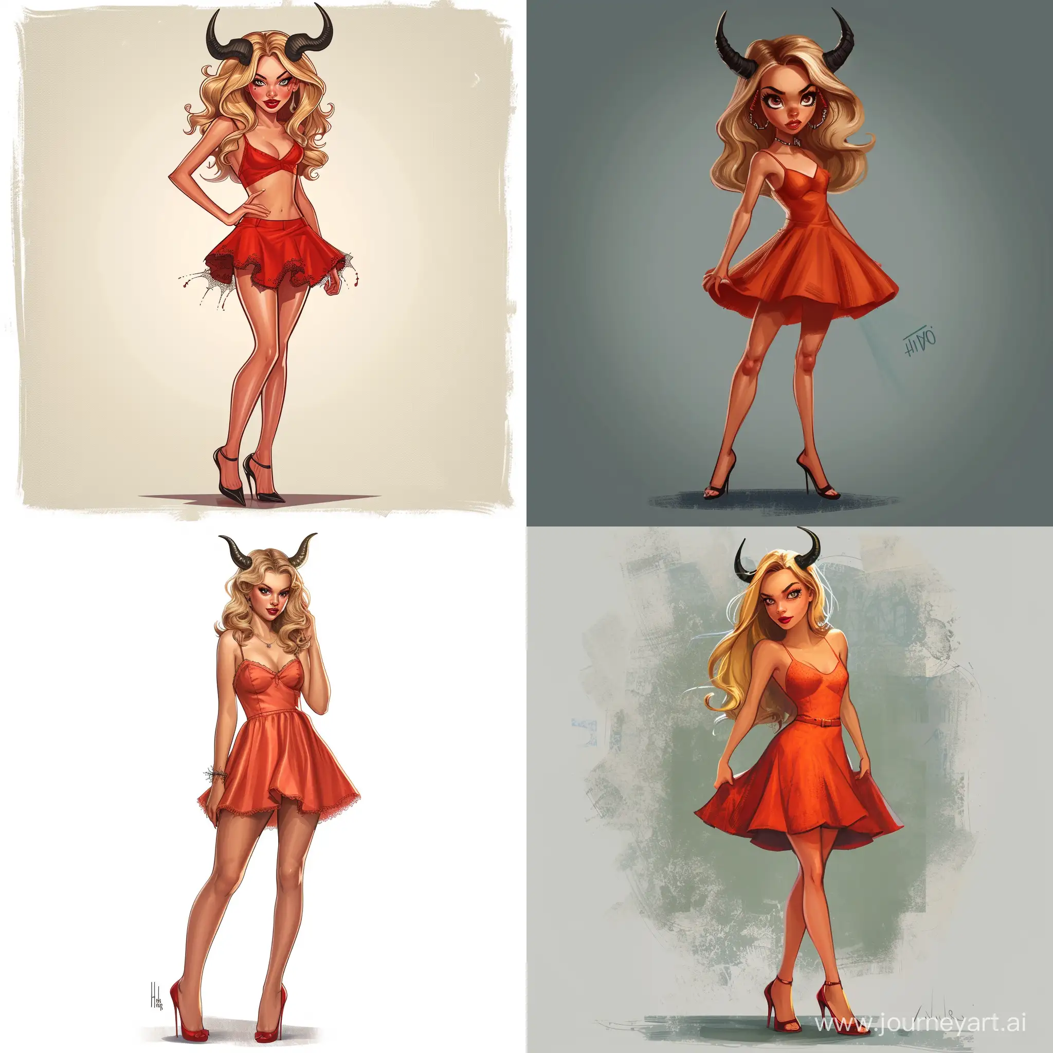 Indiana evans, Bella from h2o, teen, Halloween, demonic horns, miniskirt, red cocktail dress, heels, high quality, high detail, cartoon art