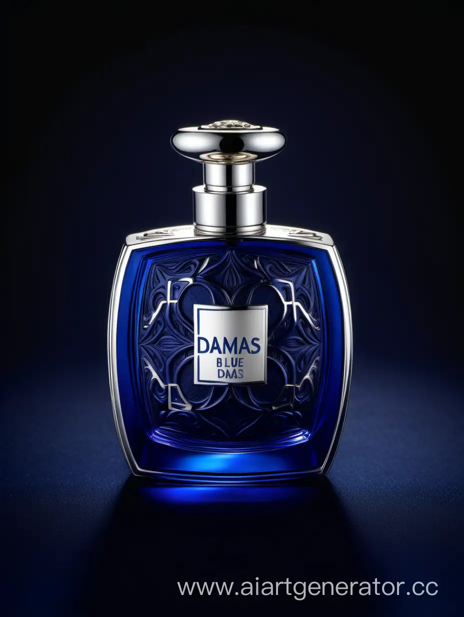 Luxurious-Silver-and-Dark-Matt-Blue-Perfume-with-Intricate-3D-Details-on-Black-Background