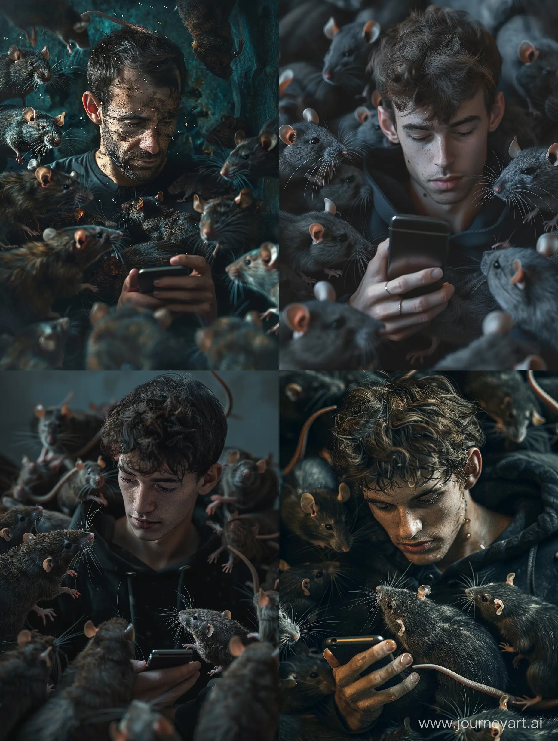 Urban-Encounter-Man-Engrossed-in-Cell-Phone-Surrounded-by-Rats