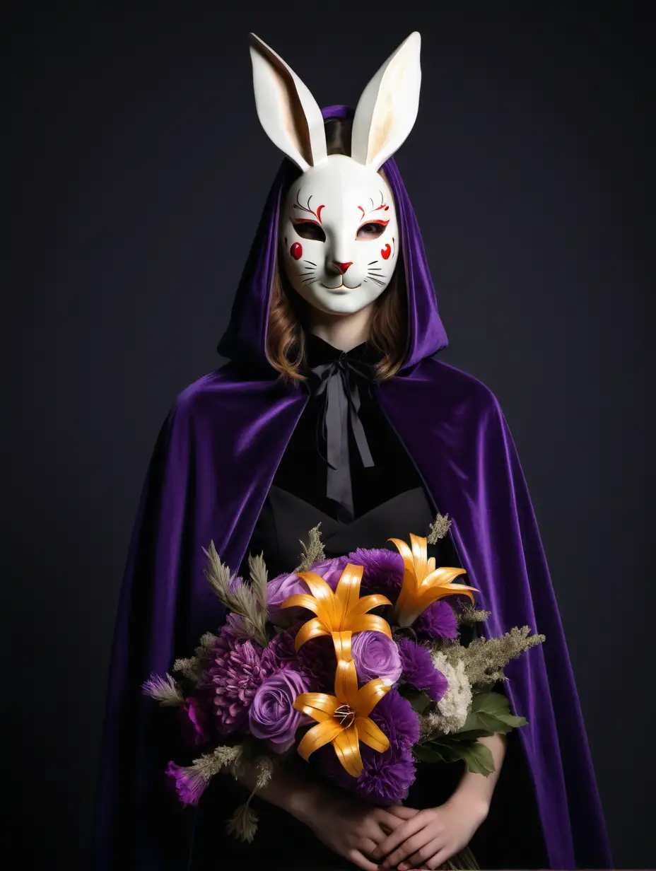 Enchanting Portrait Young Woman in Rabbit Mask with Purple Velvet Cape and Flowers