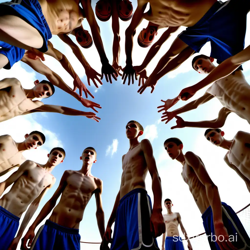 a large group of extremely tall skinny thin slim underweight anorexic teen basketball boys shirtless lower wide angle perspective from below ground emphasis on barefeet legs feet ribcage malnutrition