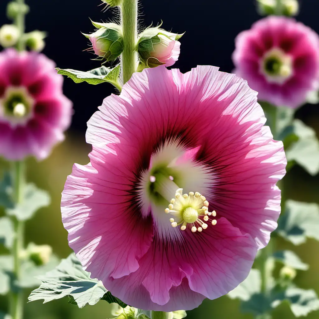 Vibrant Hollyhock Flowers Blooming in a Summer Garden