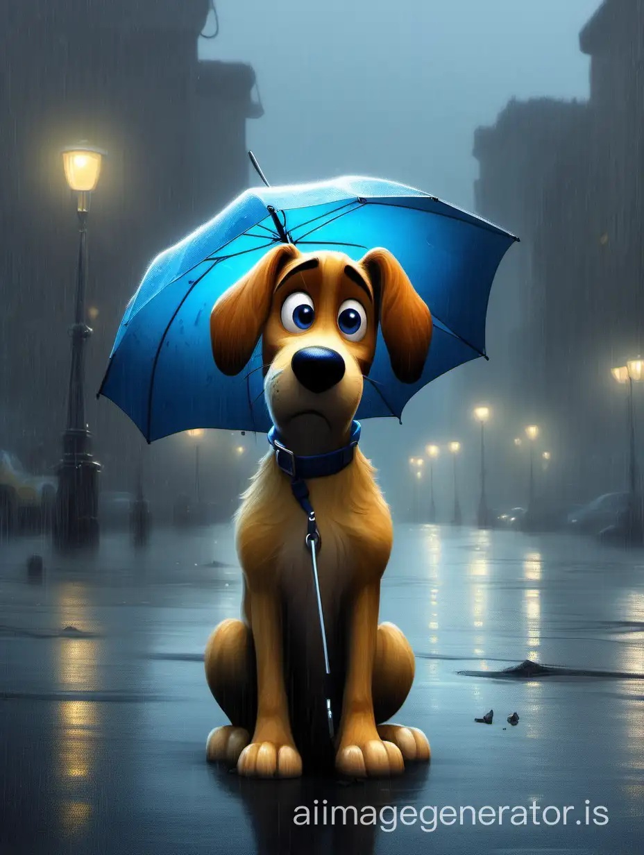 oil painting of a Disney dog from Pluto, sad and blue, author: CGSociety, Pixar, ultra-sharp high definition image, rainy day