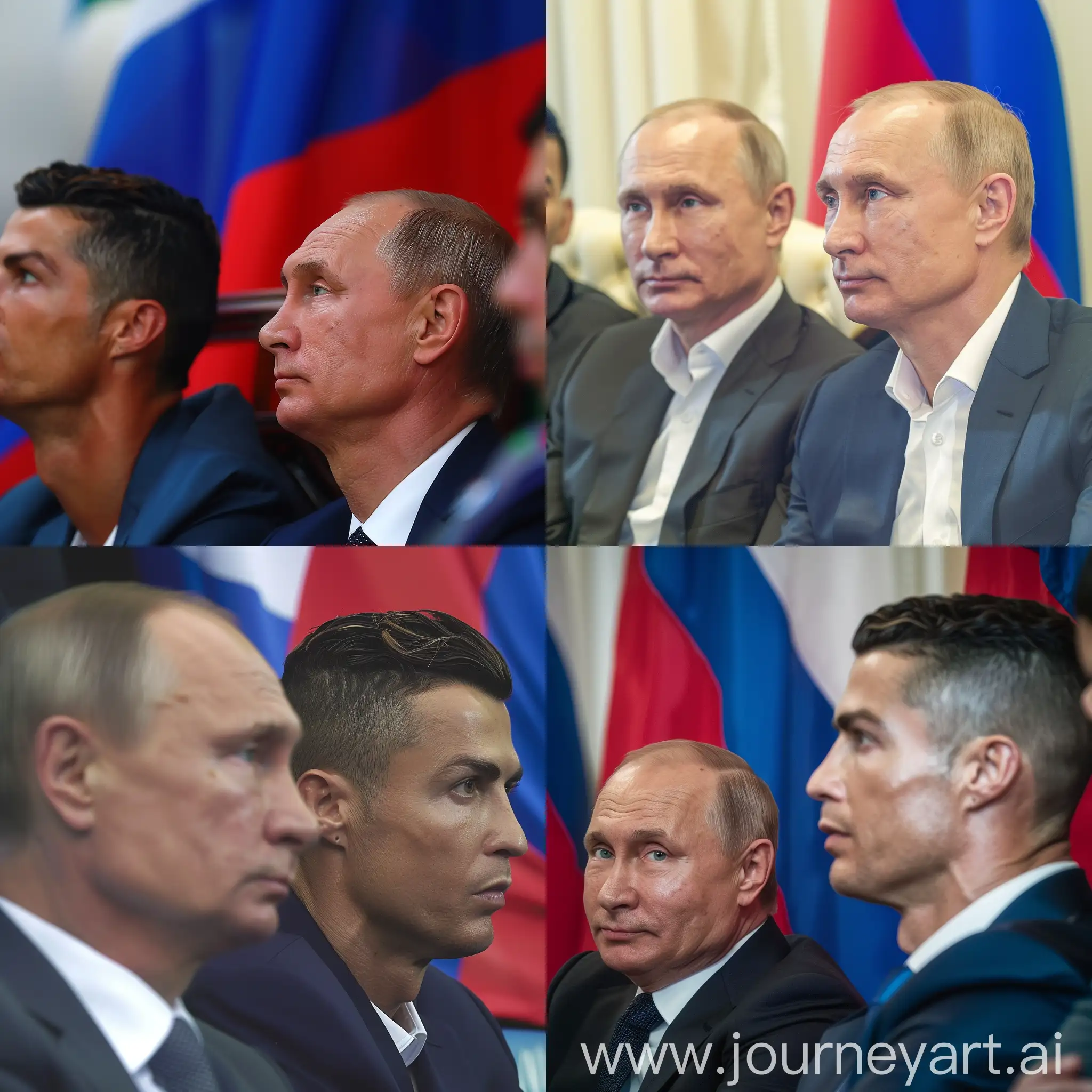 Владимир Путин сидит рядом с Кристиано Роналду, задний фон флаг россии, крупный план, гипер реализм, максимум деталей, 8к, HDR