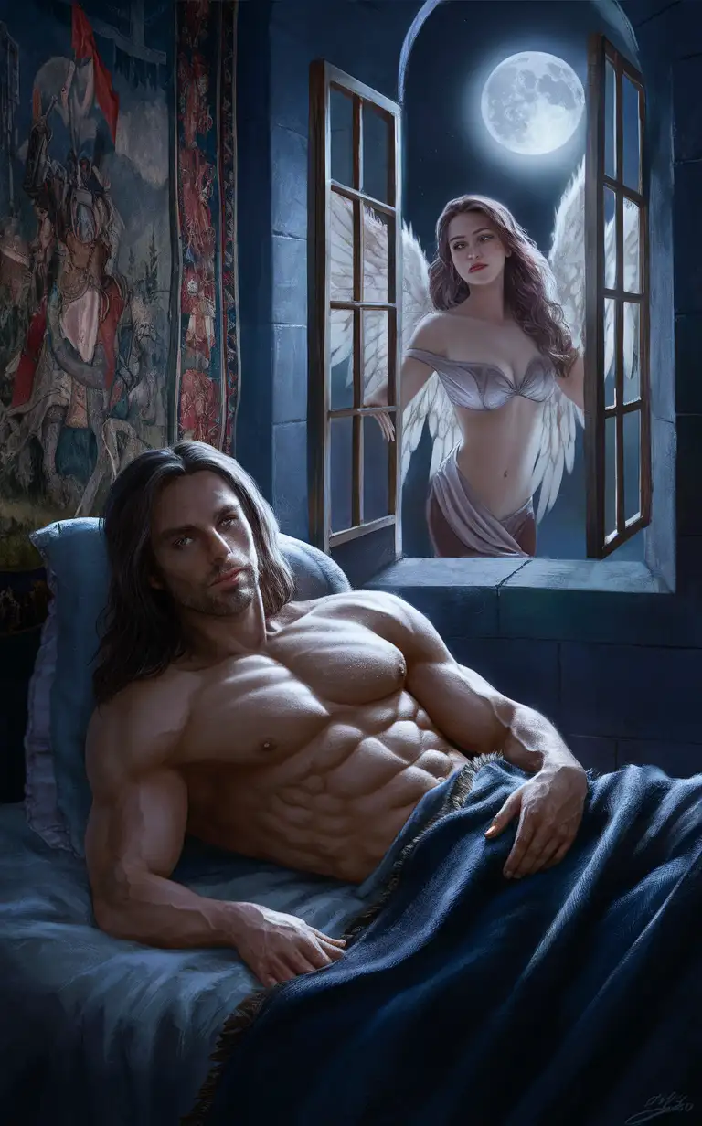 Medieval-Castle-Bedroom-Handsome-Muscular-Male-Alone-in-Moonlit-Night-Joined-by-Beautiful-Busty-Woman-with-Wings