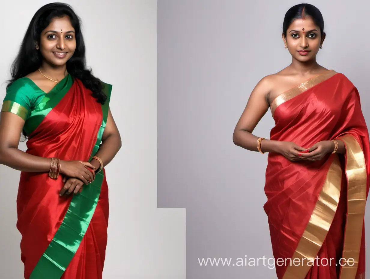 Two photos side by side. First photo Very fair 35 year old beautiful kerala woman in a red silk saree. Second photo same woman naked. 