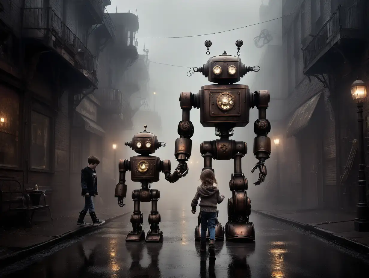 Steampunk Robot and Child in Enigmatic Street Scene