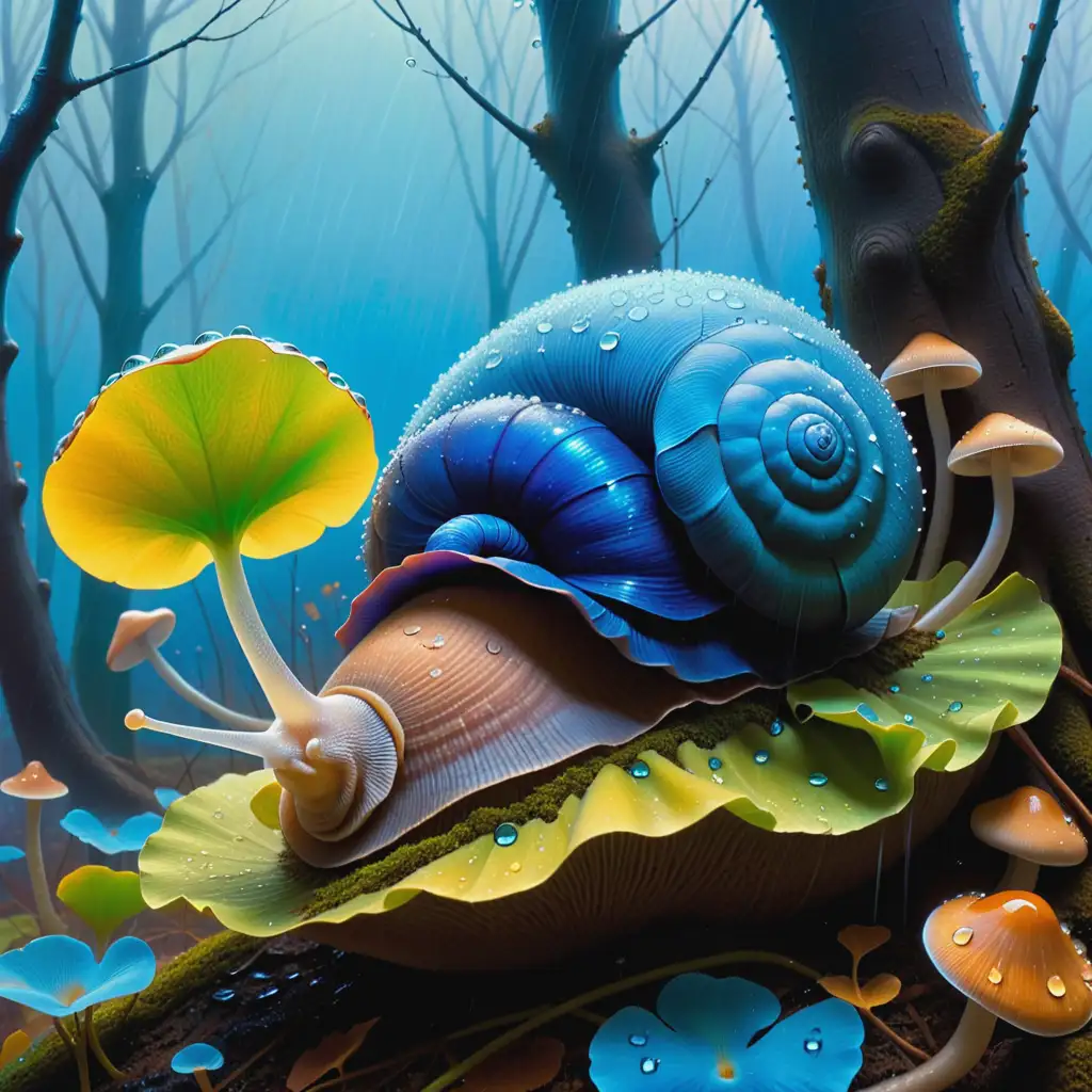 Zdzislaw Beksinski, cyber dots, ginkgo biloba leaves, pussy willow bush, mushrooms, huge snail with huge shell, bright blue eyes, vibrant colors, blurry, dew drops, rain drops.